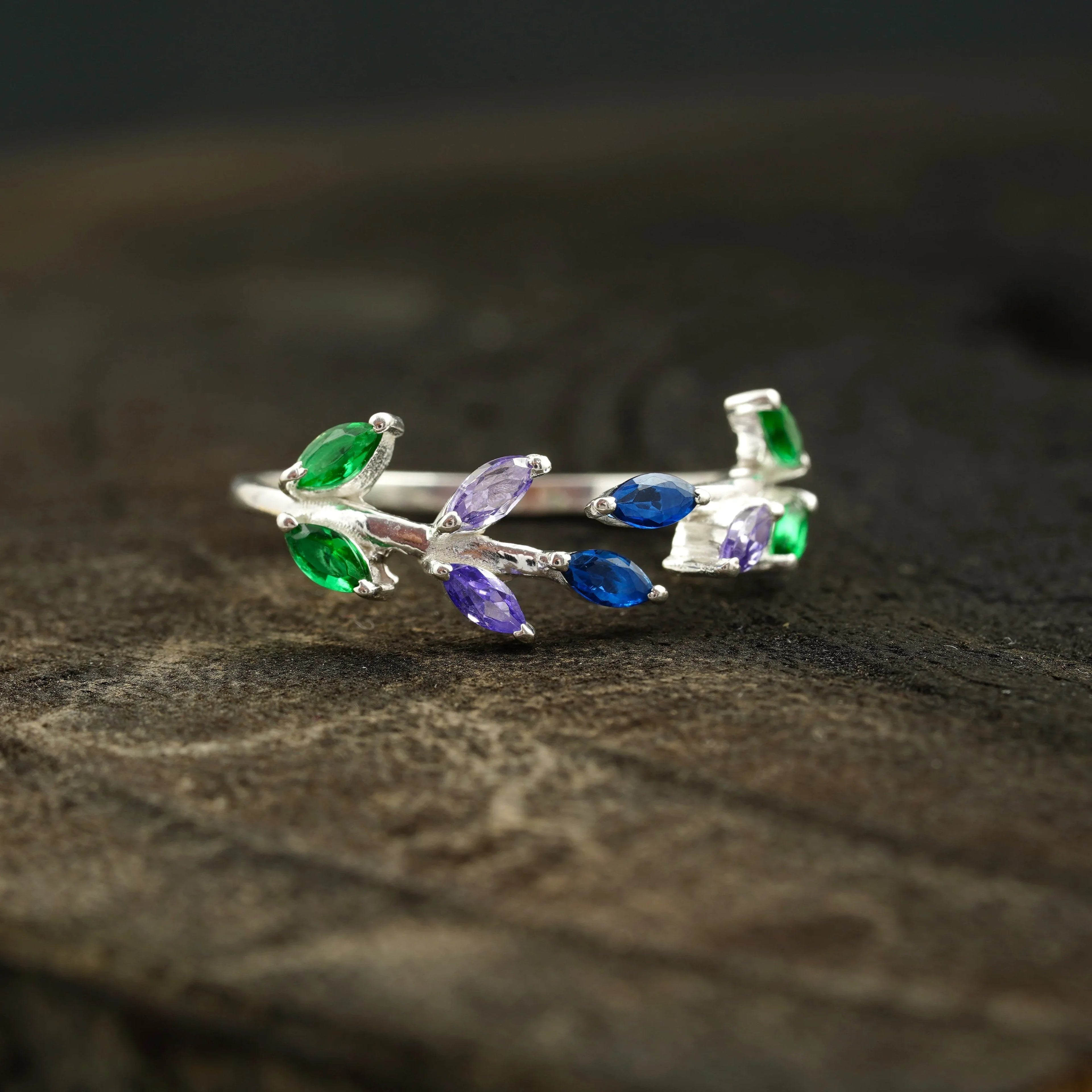 Marquise Cut Multi-Stone Sapphire Amethyst & Emerald Wedding Band - MinimalistJewels