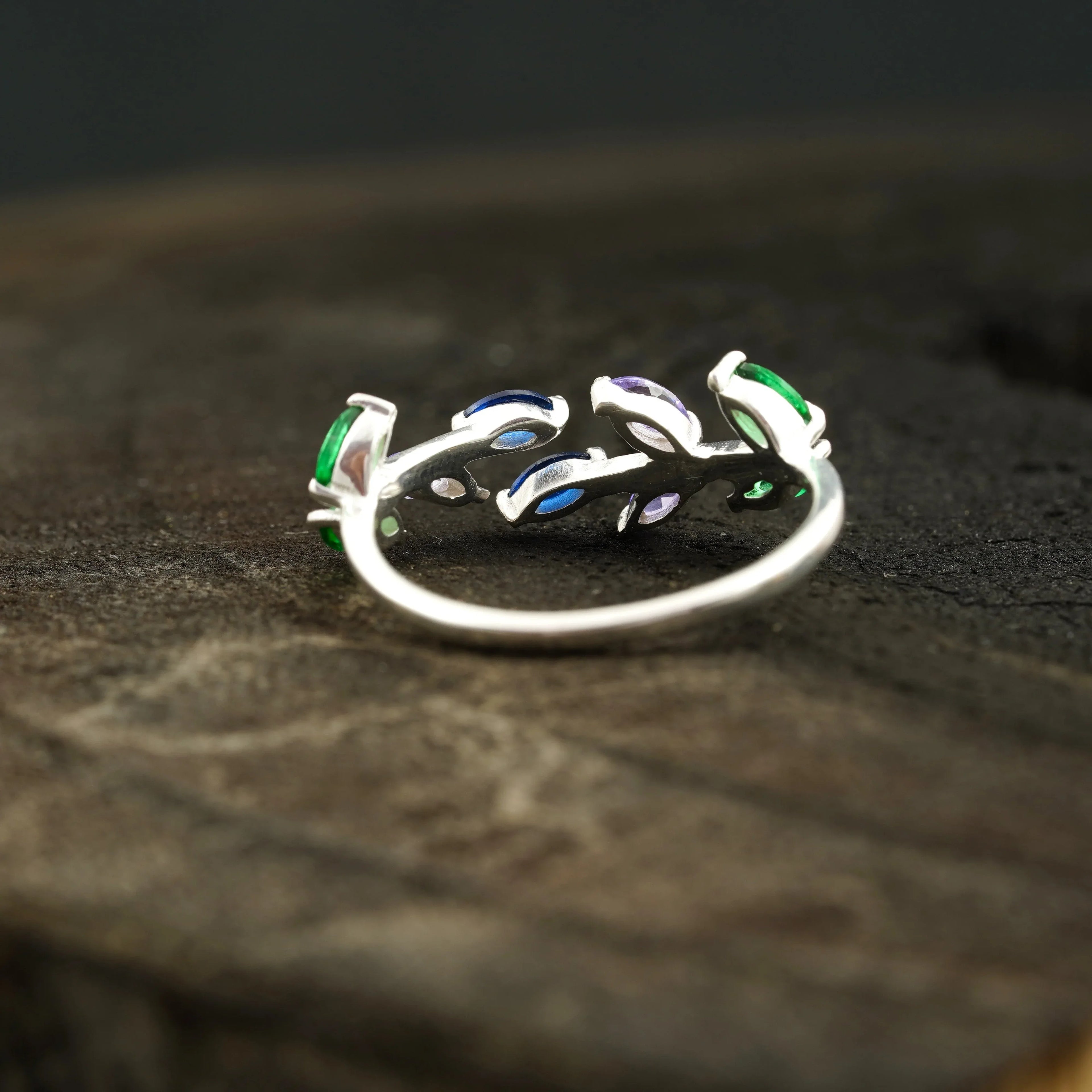 Marquise Cut Multi-Stone Sapphire Amethyst & Emerald Wedding Band - MinimalistJewels