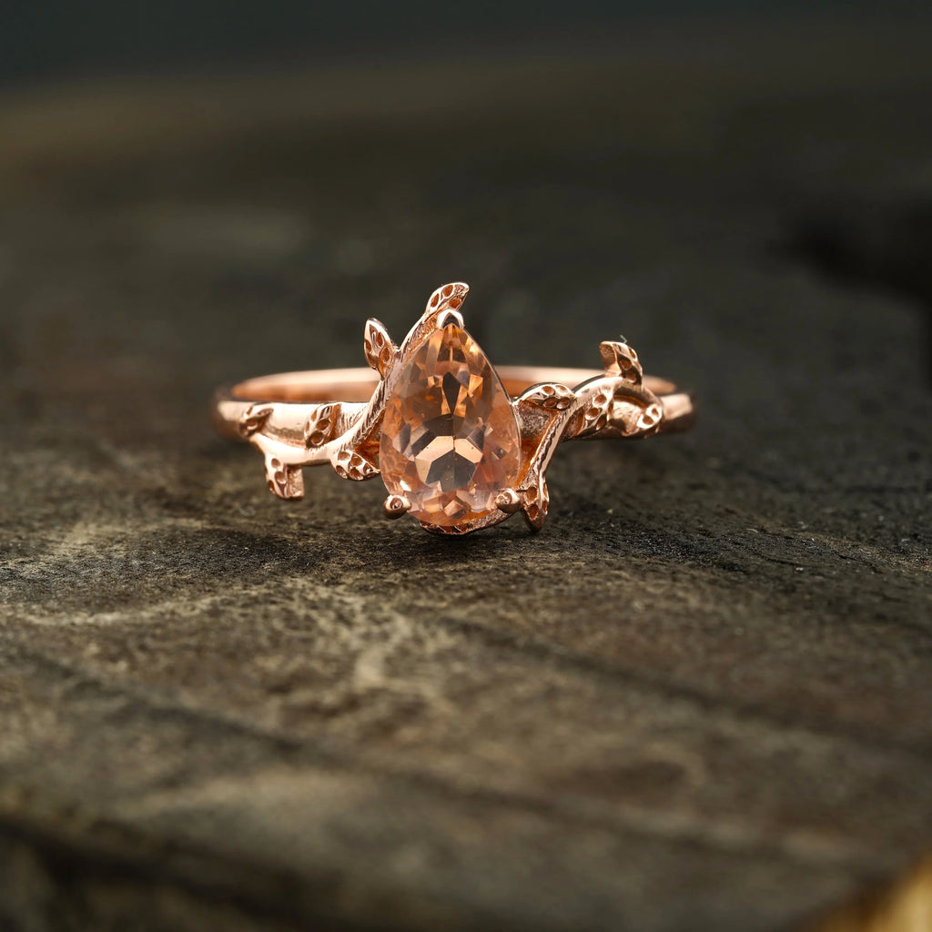 Pear Morganite Leaf Engagement Ring For Women - MinimalistJewels