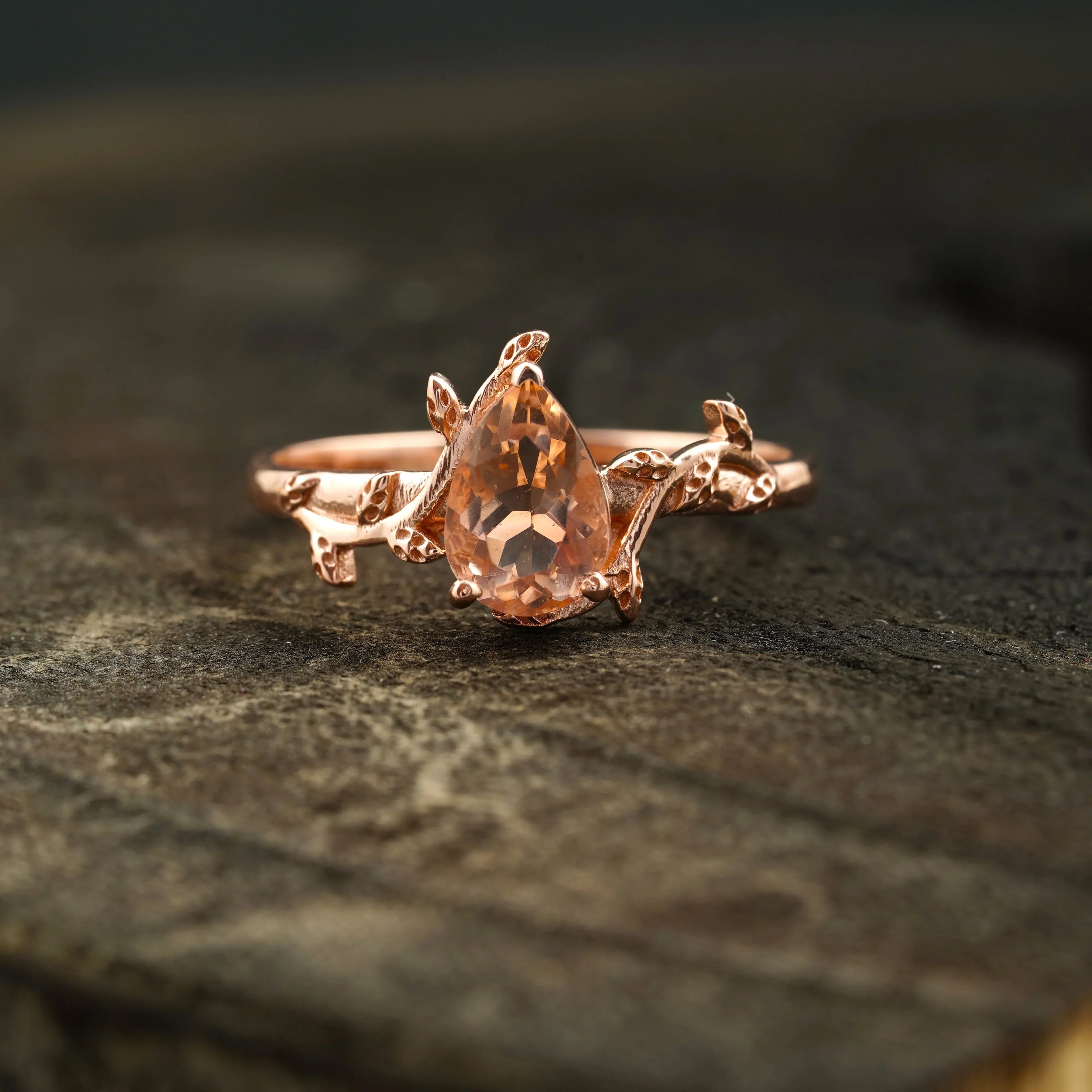 Pear Morganite Leaf Engagement Ring For Women - MinimalistJewels