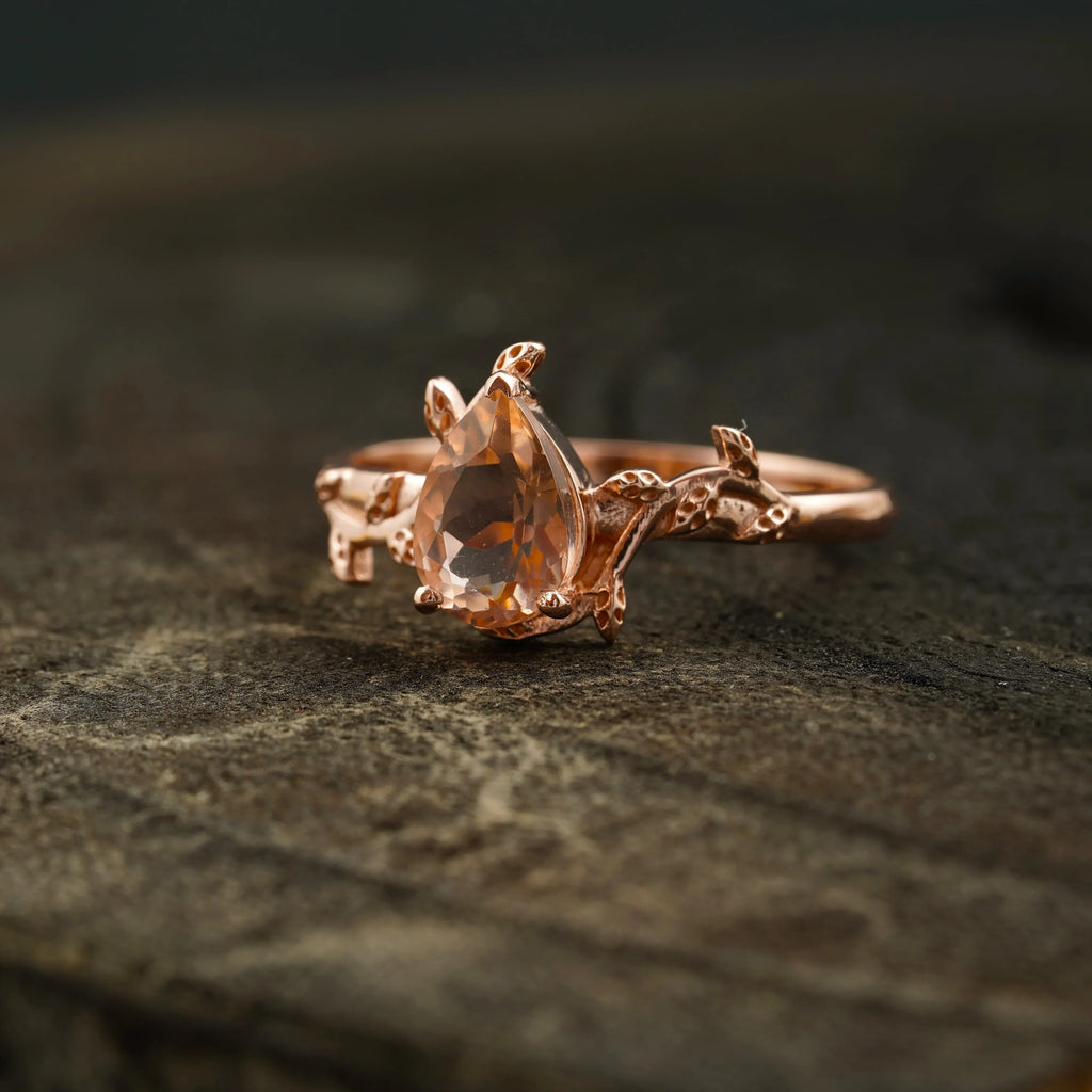 Pear Morganite Leaf Engagement Ring For Women - MinimalistJewels