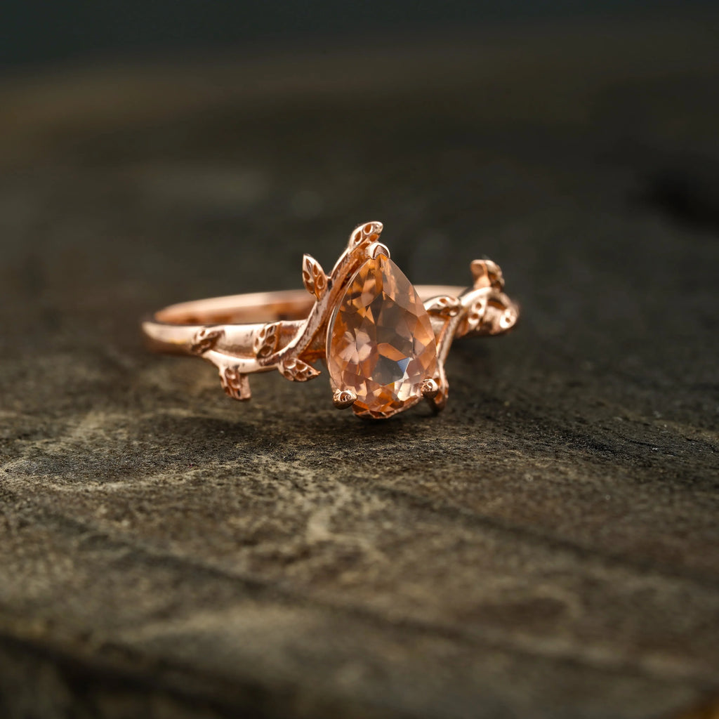 Pear Morganite Leaf Engagement Ring For Women - MinimalistJewels