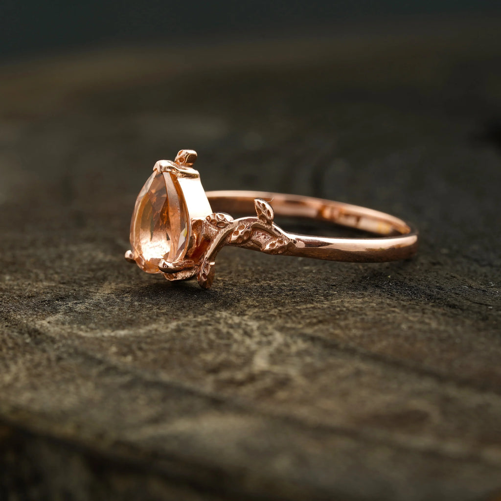Pear Morganite Leaf Engagement Ring For Women - MinimalistJewels