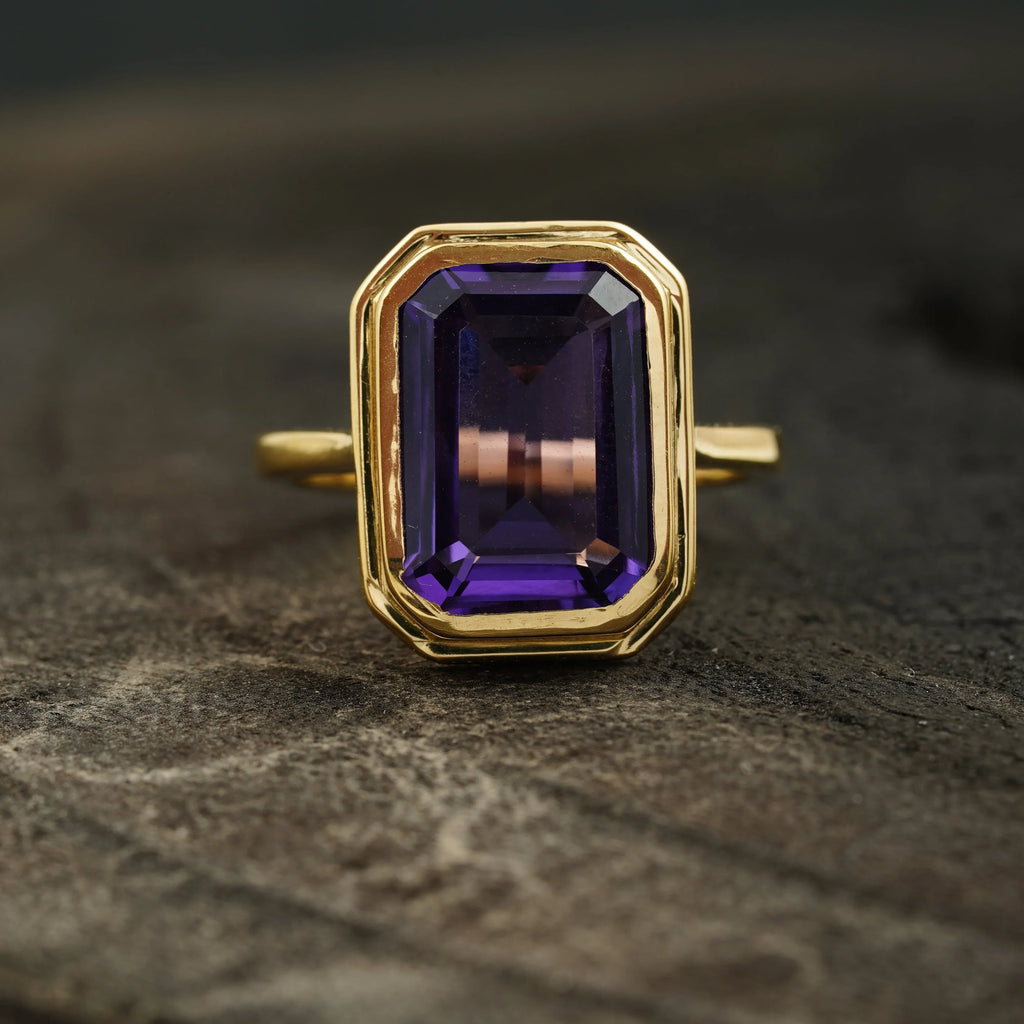 Large Alexandrite Bezel Set Engagement Ring 14K Yellow Gold - MinimalistJewels
