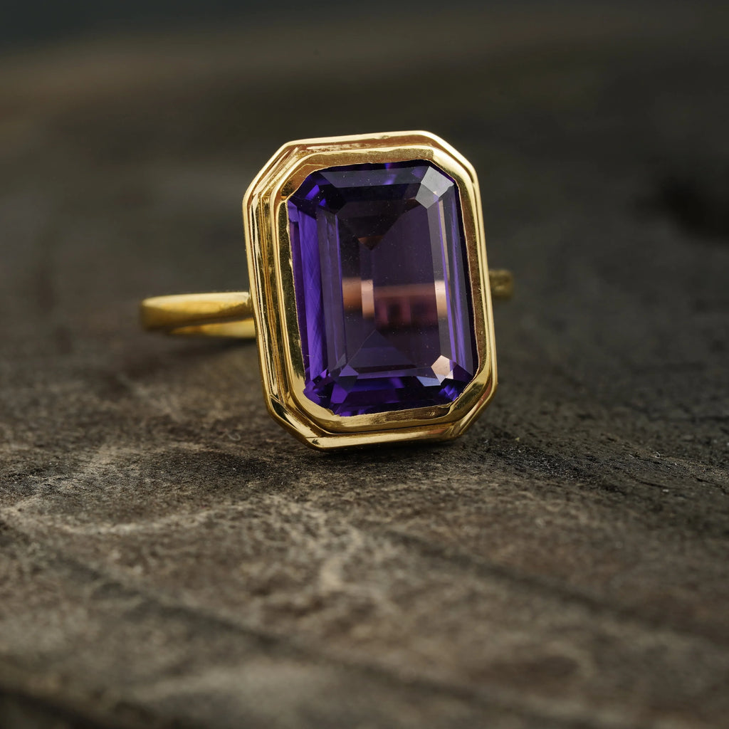 Large Alexandrite Bezel Set Engagement Ring 14K Yellow Gold - MinimalistJewels
