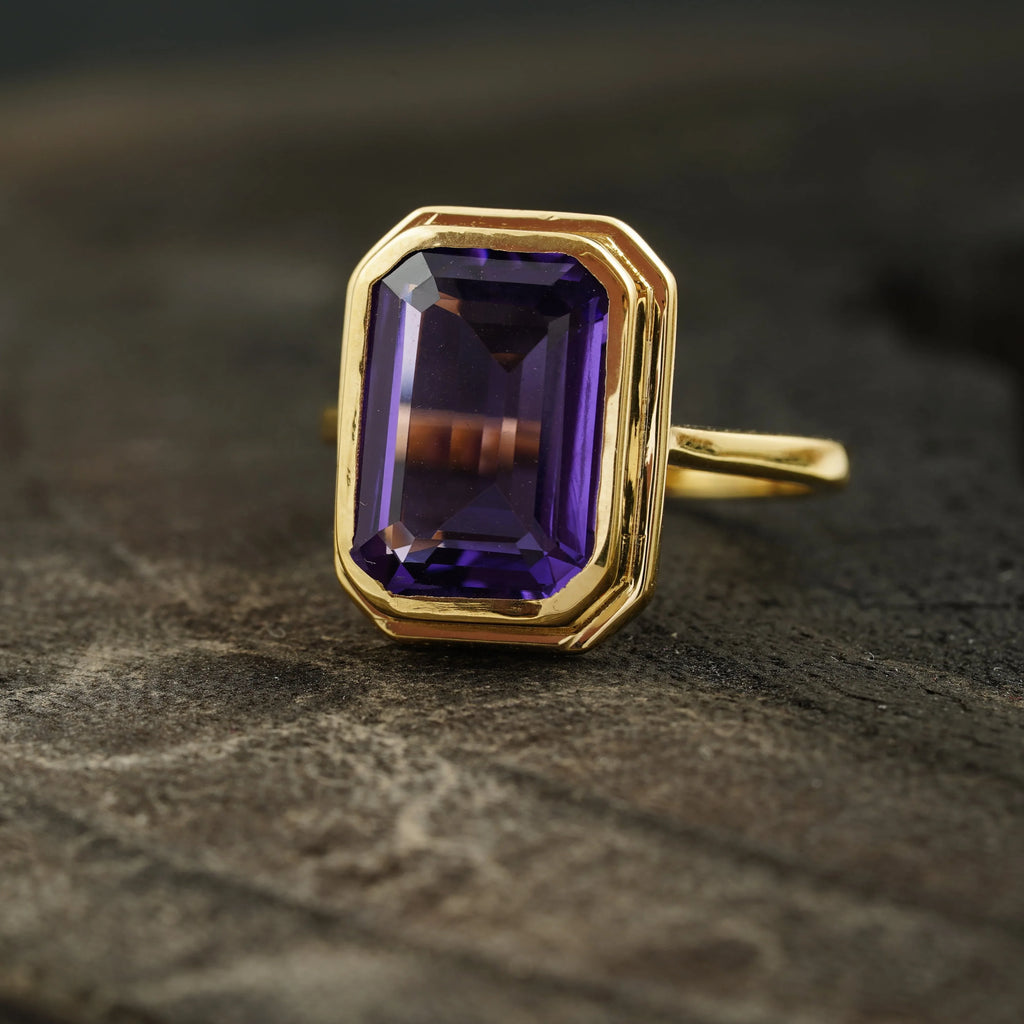 Large Alexandrite Bezel Set Engagement Ring 14K Yellow Gold - MinimalistJewels
