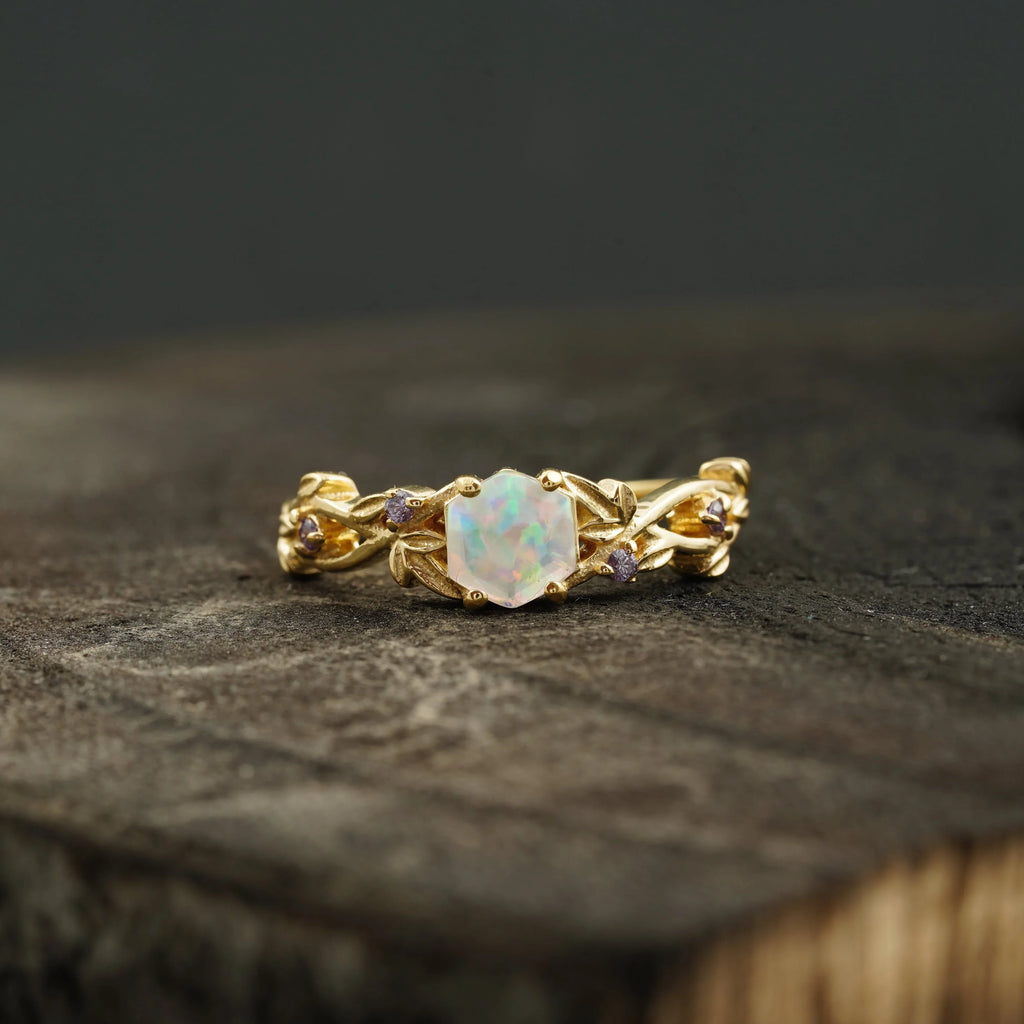 Hexagon Opal & Leaf Alexandrite Gold Engagement Ring - MinimalistJewels