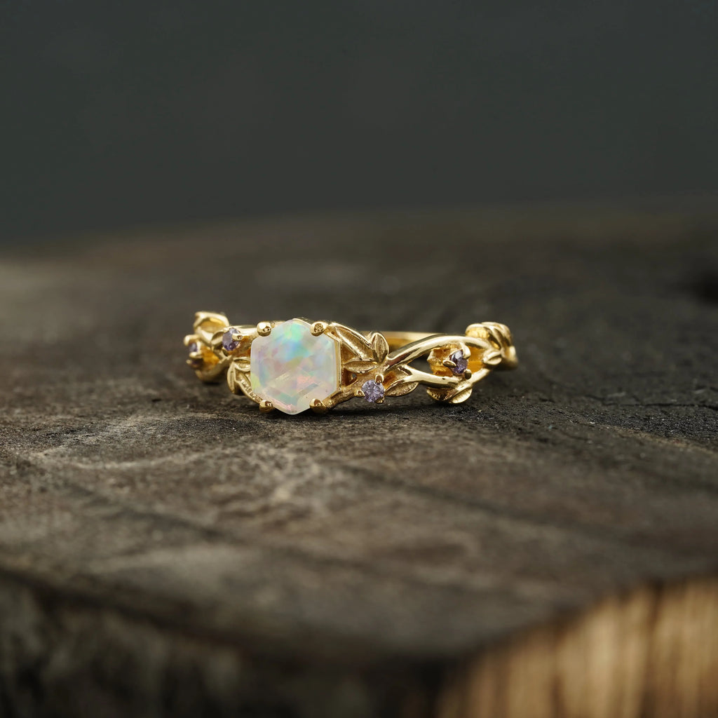 Hexagon Opal & Leaf Alexandrite Gold Engagement Ring - MinimalistJewels