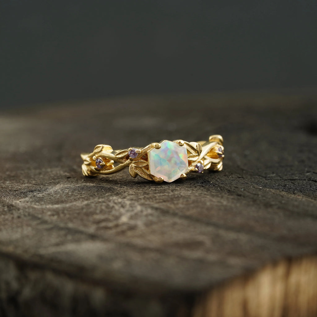 Hexagon Opal & Leaf Alexandrite Gold Engagement Ring - MinimalistJewels