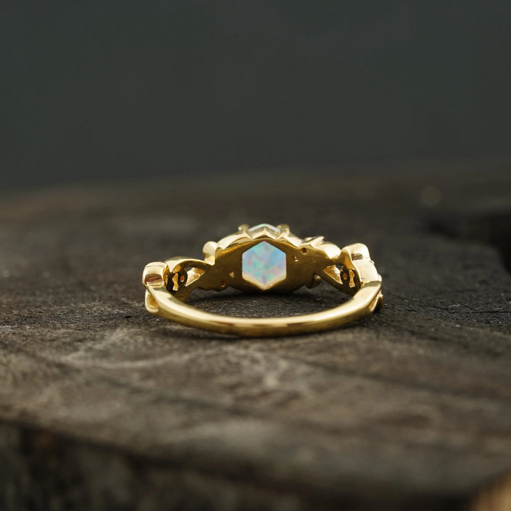 Hexagon Opal & Leaf Alexandrite Gold Engagement Ring - MinimalistJewels