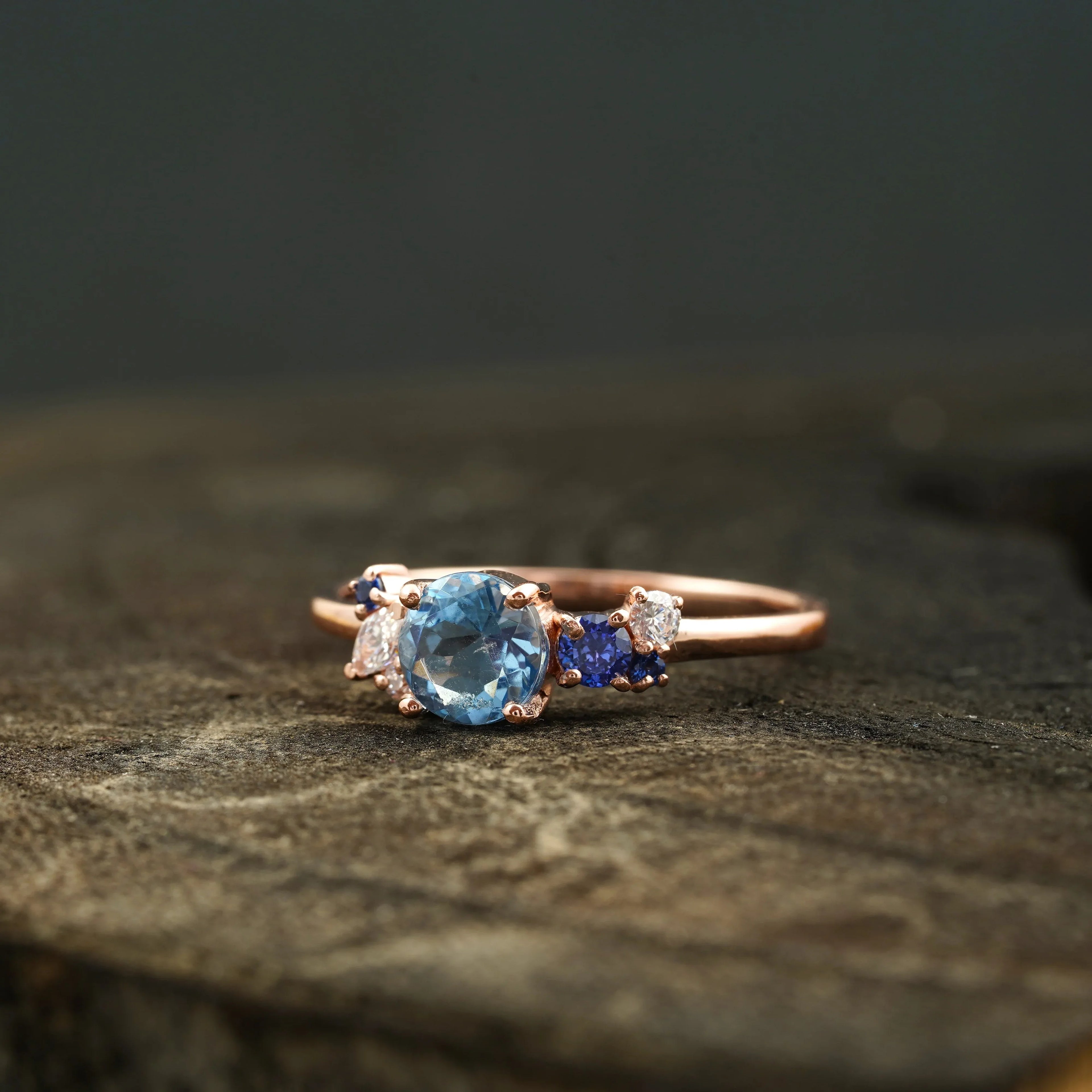 Aquamarine Cluster CZ Diamond Stacking Ring For Women - MinimalistJewels