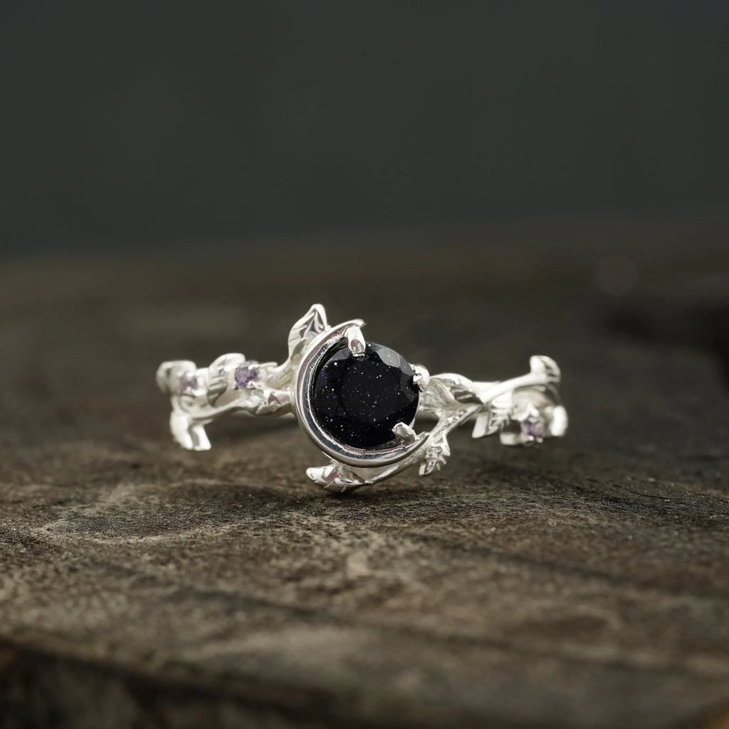 Blue Sandstone Leaf Diamond Band Engagement Ring | Sterling Silver - MinimalistJewels
