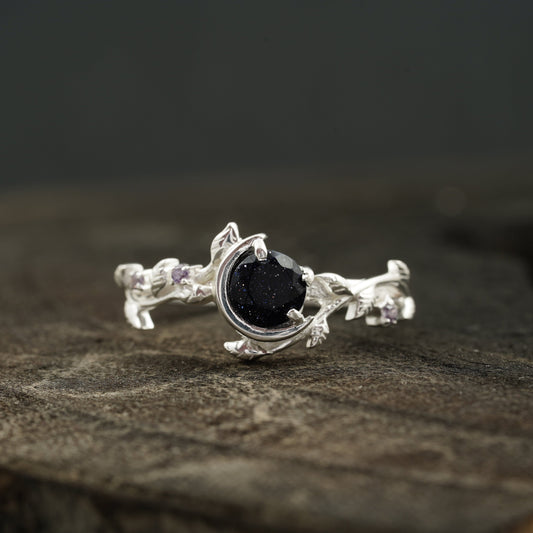 Blue Sandstone Leaf Diamond Band Engagement Ring | Sterling Silver