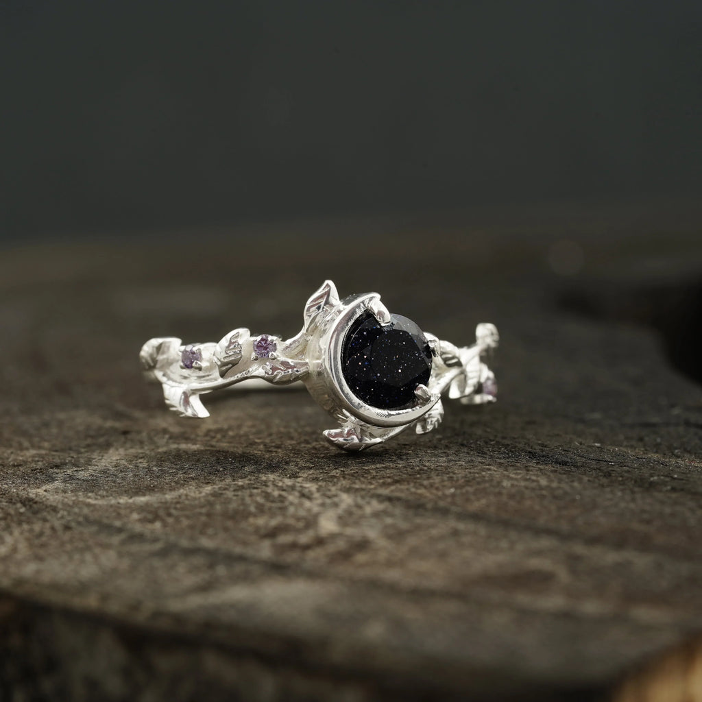 Blue Sandstone Leaf Diamond Band Engagement Ring | Sterling Silver - MinimalistJewels