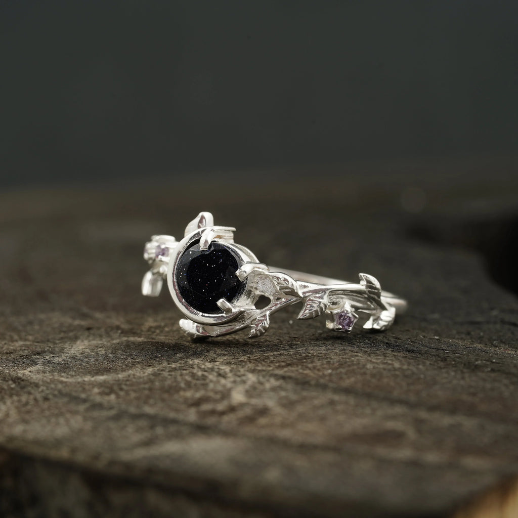 Blue Sandstone Leaf Diamond Band Engagement Ring | Sterling Silver - MinimalistJewels