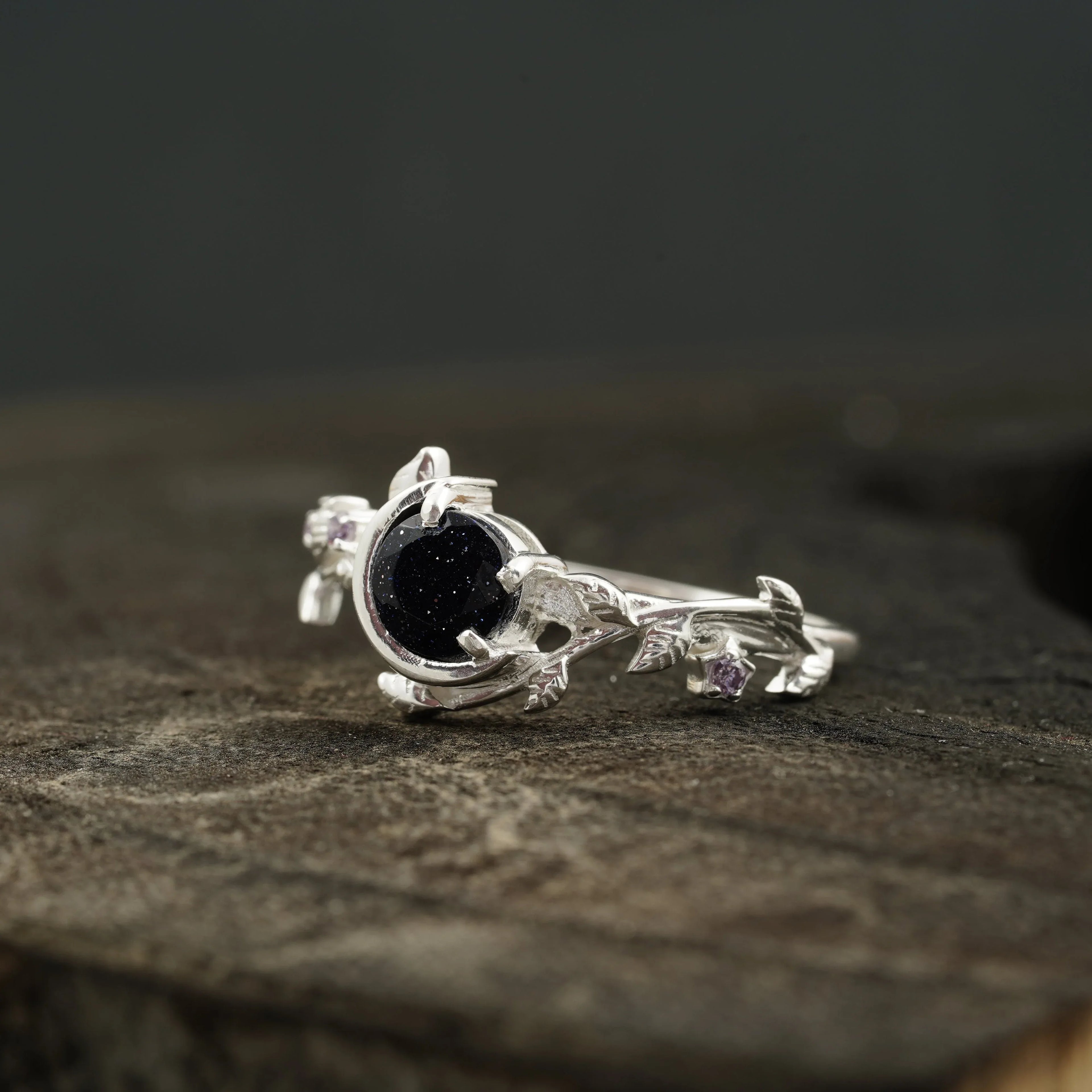 Blue Sandstone Leaf Diamond Band Engagement Ring | Sterling Silver - MinimalistJewels