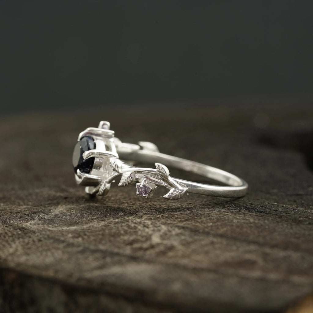 Blue Sandstone Leaf Diamond Band Engagement Ring | Sterling Silver - MinimalistJewels