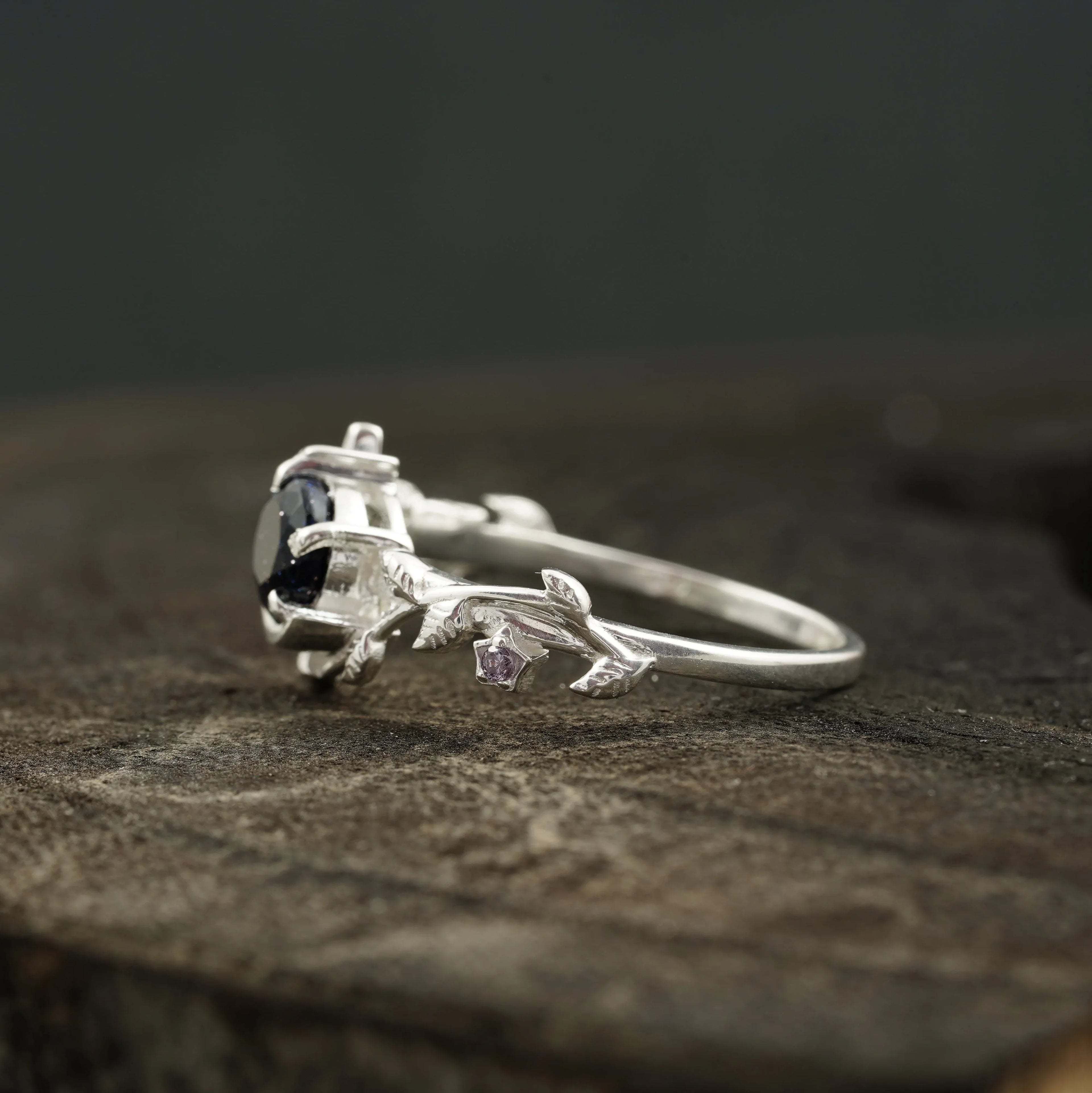 Blue Sandstone Leaf Diamond Band Engagement Ring | Sterling Silver - MinimalistJewels