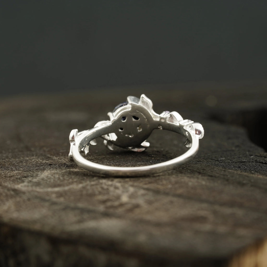 Blue Sandstone Leaf Diamond Band Engagement Ring | Sterling Silver - MinimalistJewels