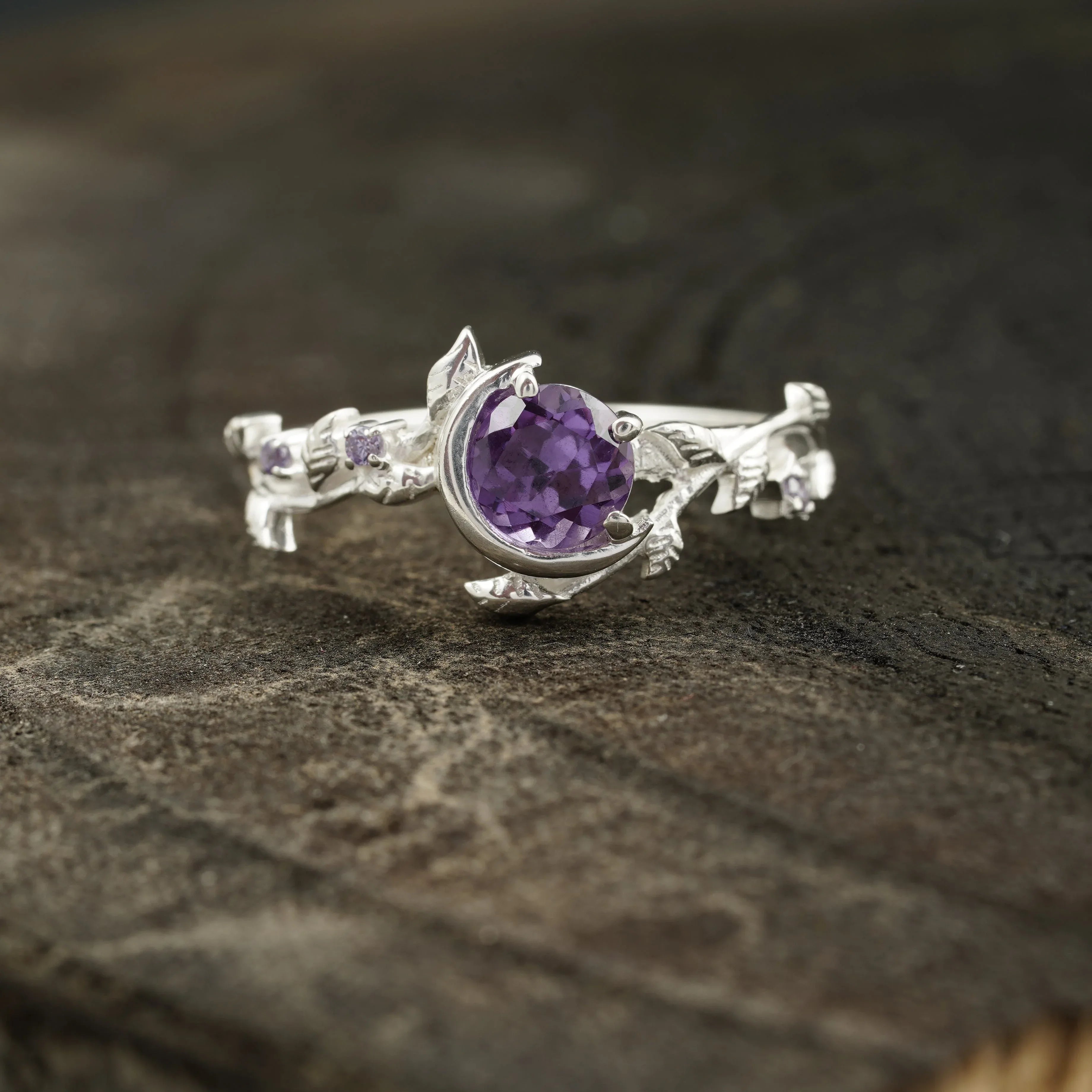 Alexandrite Moon Star Leaf Amethyst Engagement Ring - MinimalistJewels