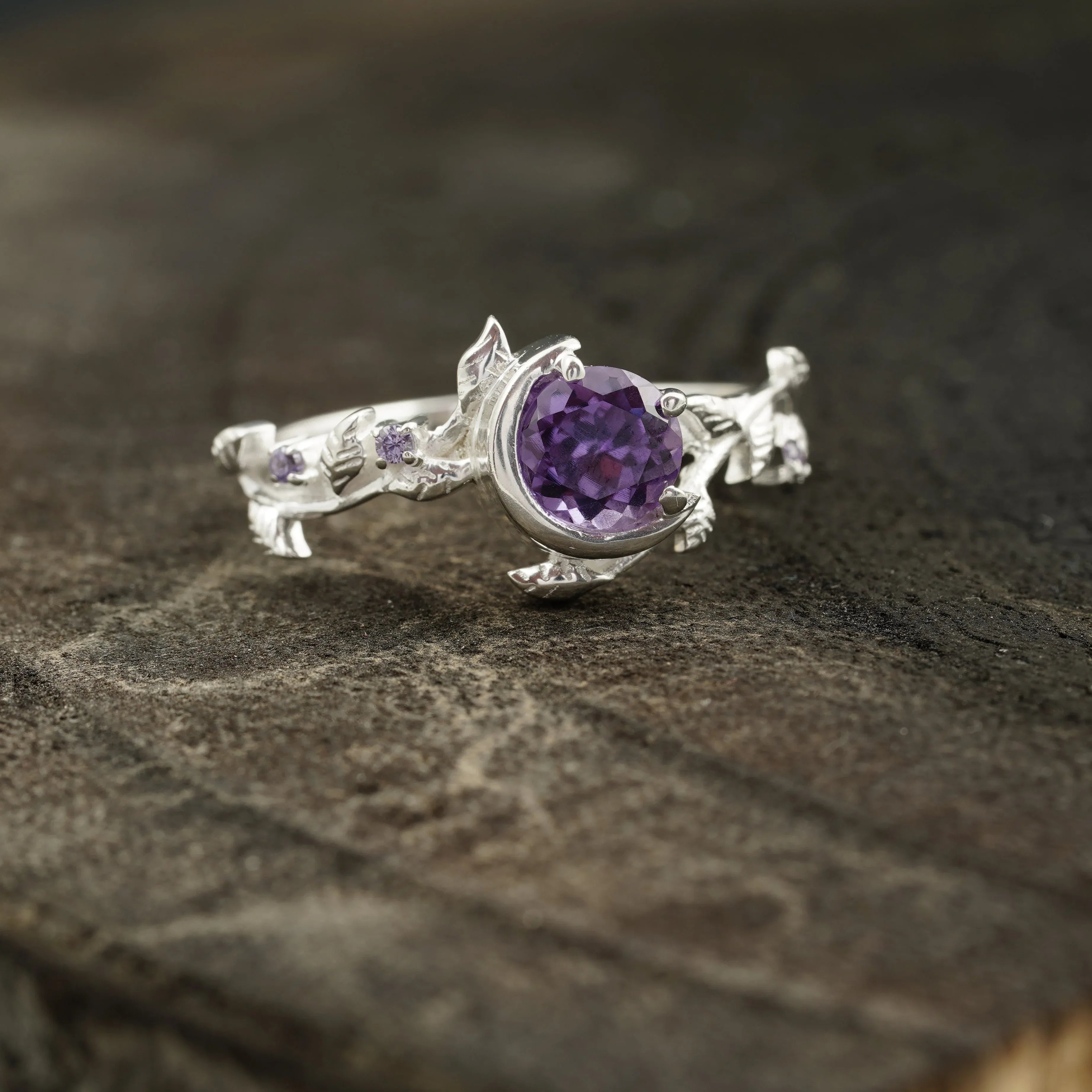 Alexandrite Moon Star Leaf Amethyst Engagement Ring - MinimalistJewels