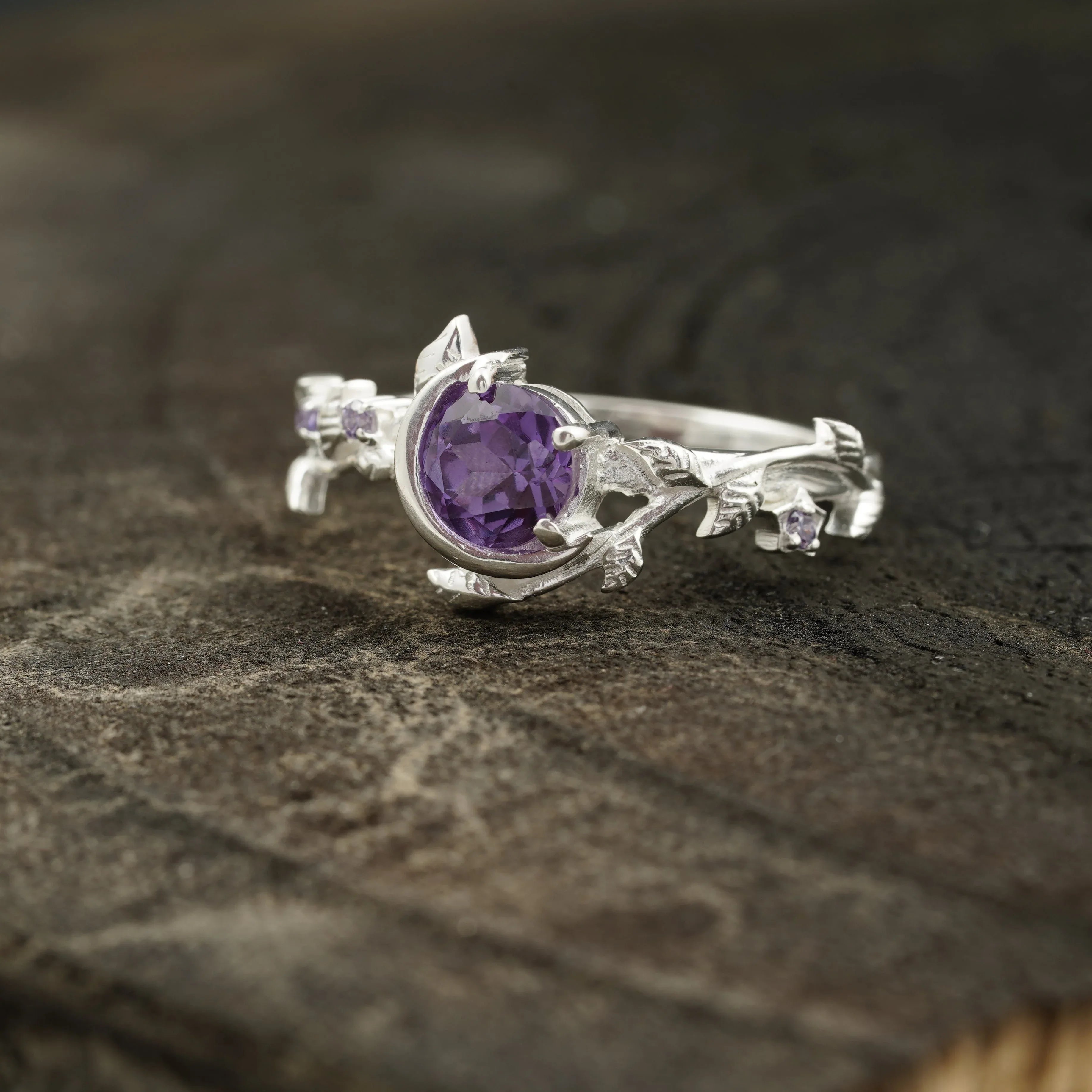 Alexandrite Moon Star Leaf Amethyst Engagement Ring - MinimalistJewels