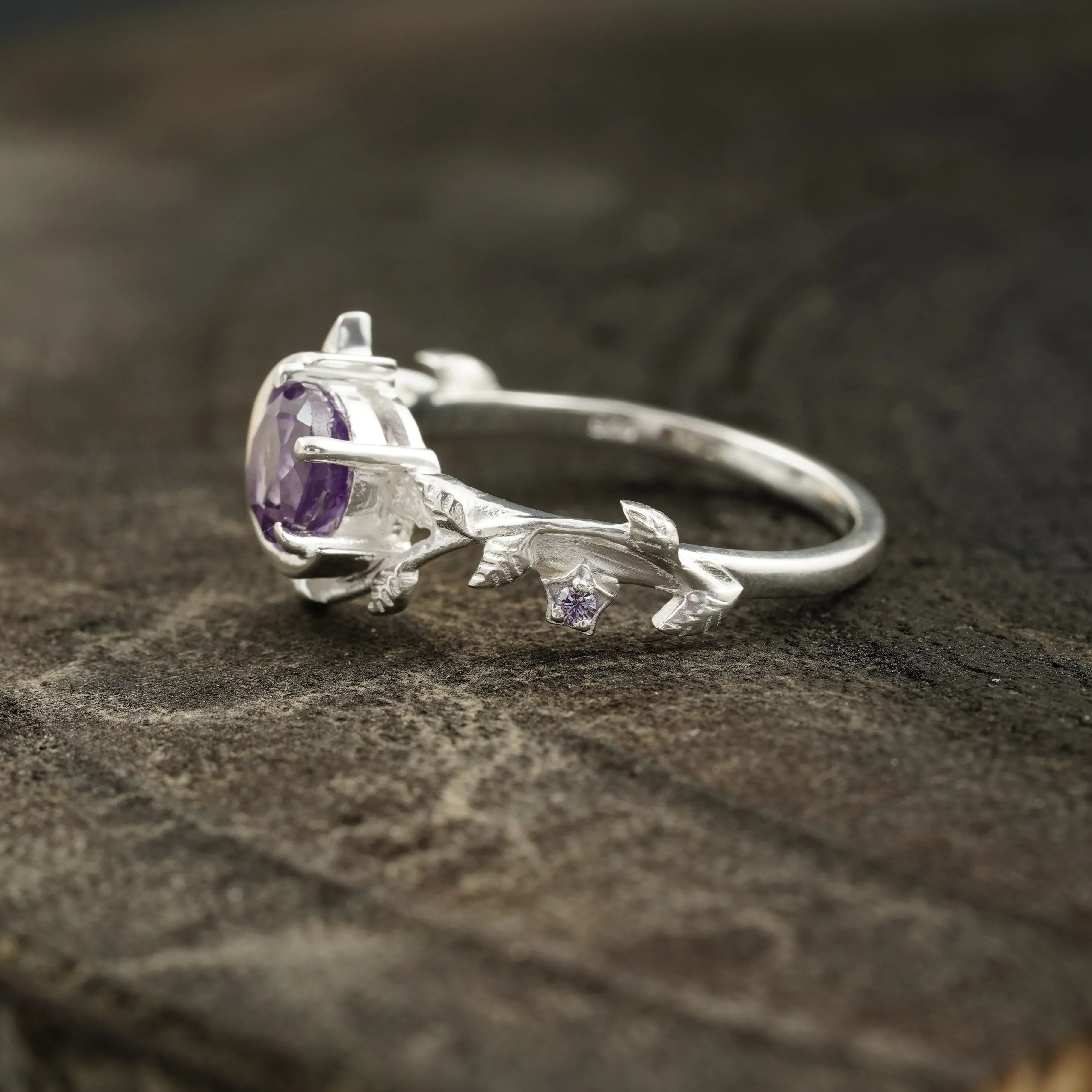 Alexandrite Moon Star Leaf Amethyst Engagement Ring - MinimalistJewels