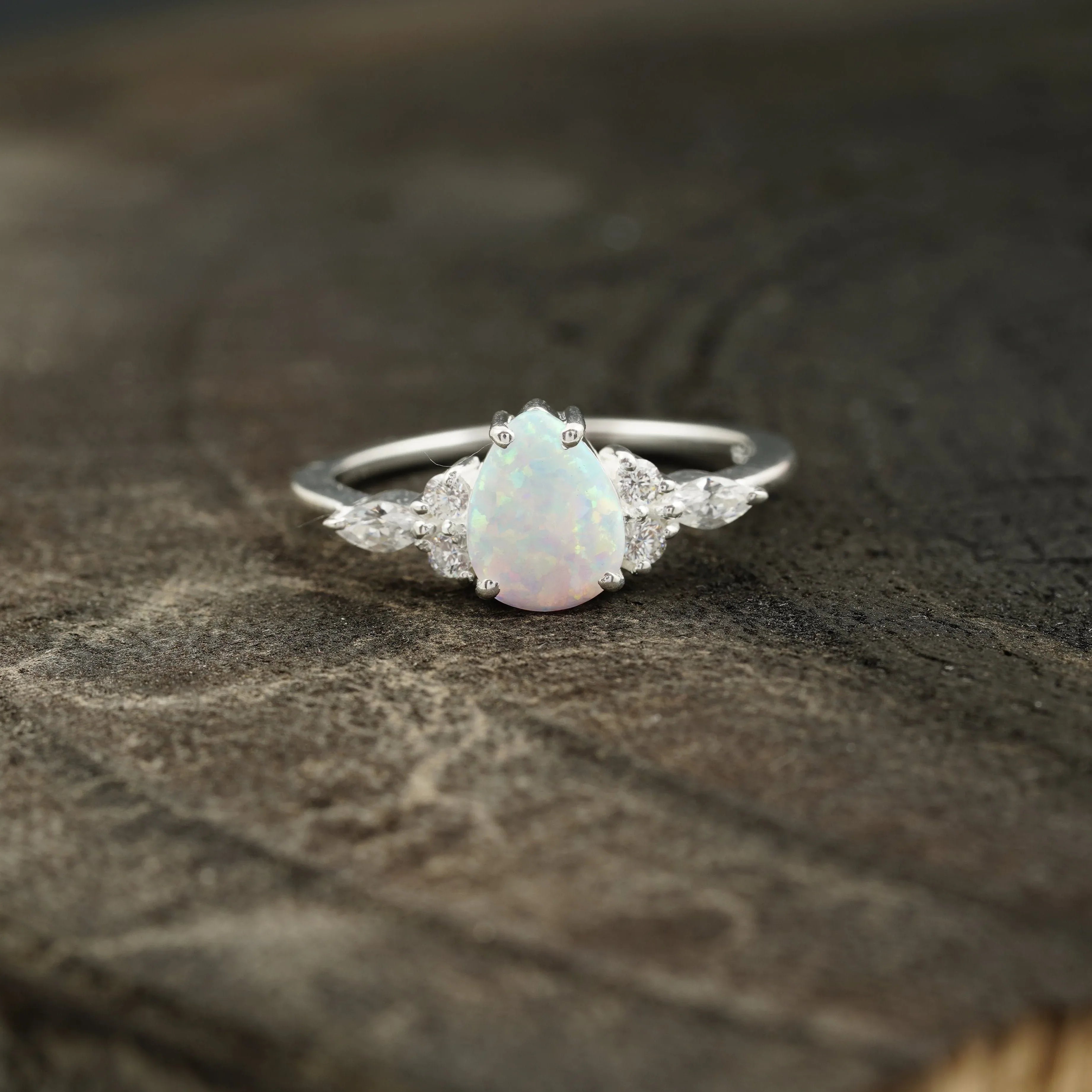 pear shaped opal cluster engagement ring | Promise bridal ring - MinimalistJewels