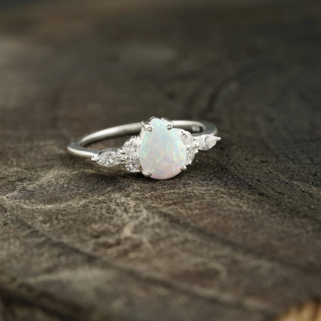 pear shaped opal cluster engagement ring | Promise bridal ring - MinimalistJewels