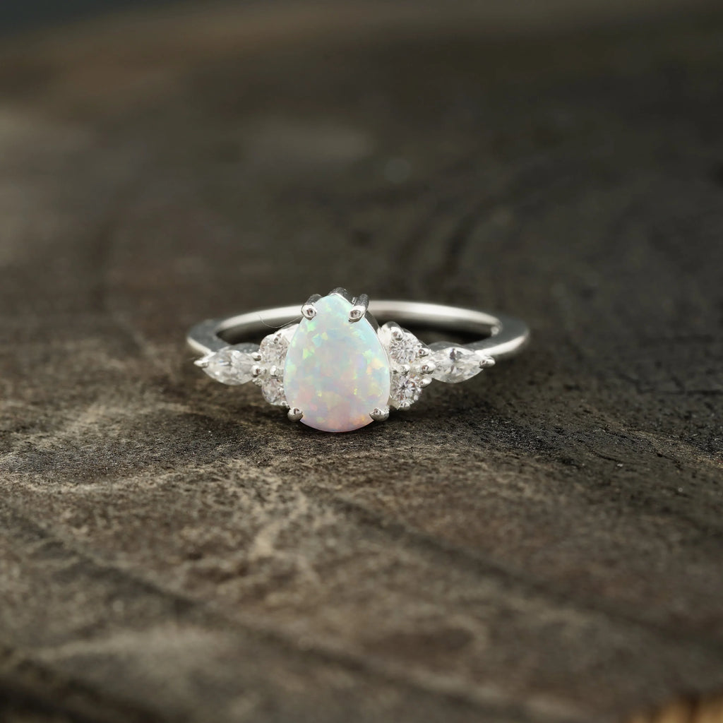 pear shaped opal cluster engagement ring | Promise bridal ring - MinimalistJewels