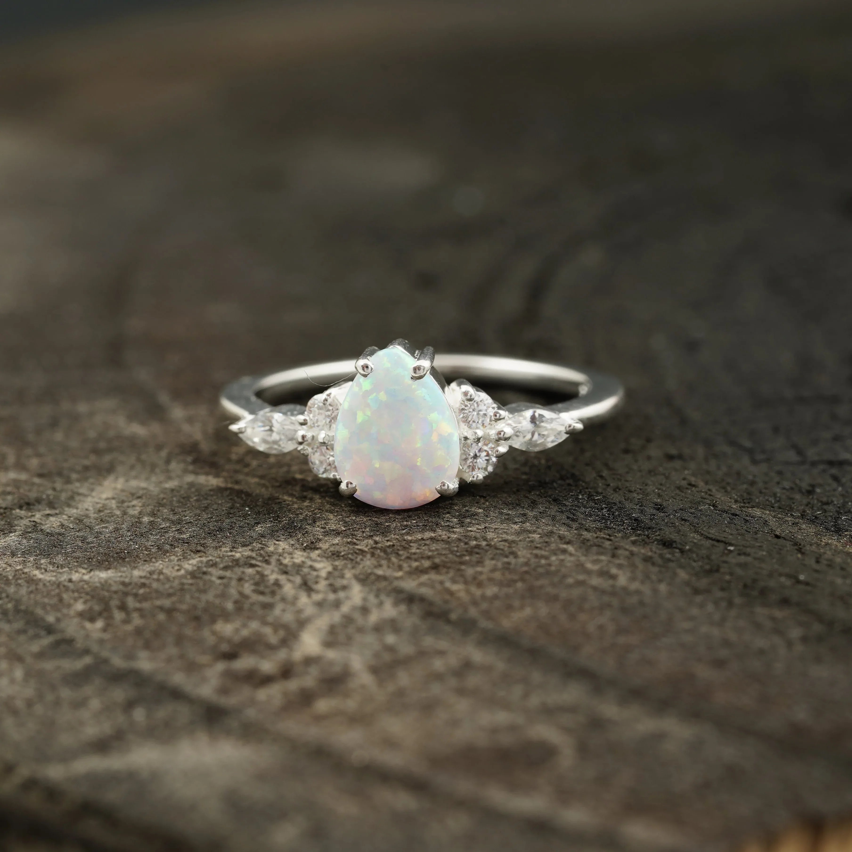 pear shaped opal cluster engagement ring | Promise bridal ring - MinimalistJewels