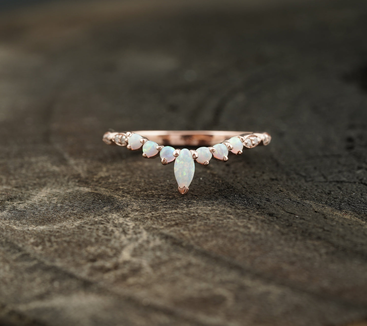 Marquise Opal Curved Wedding Band, October Birthstone, 14k Rose Gold Ring