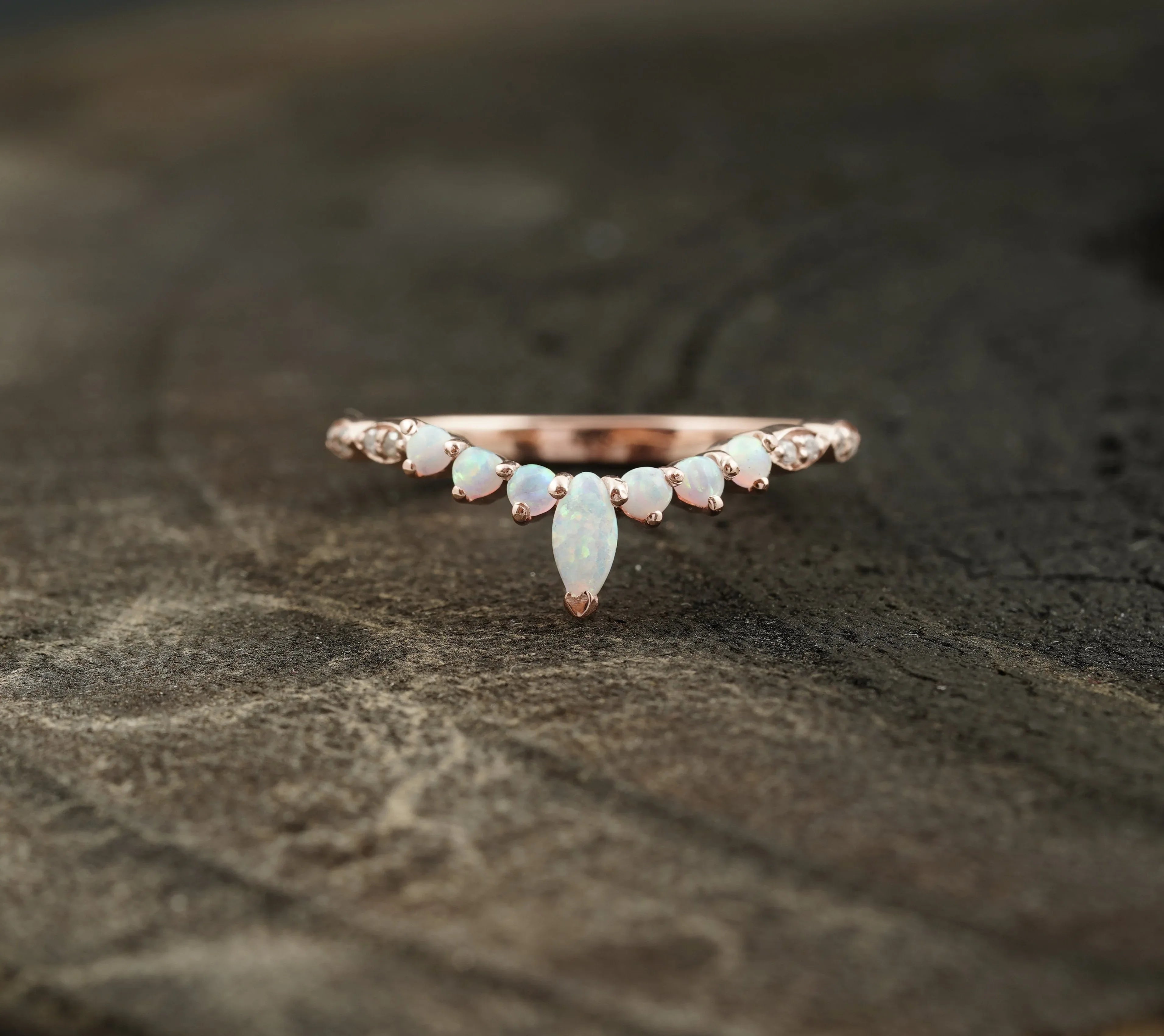 Marquise Opal Curved Wedding Band, October Birthstone, 14k Rose Gold Ring - MinimalistJewels