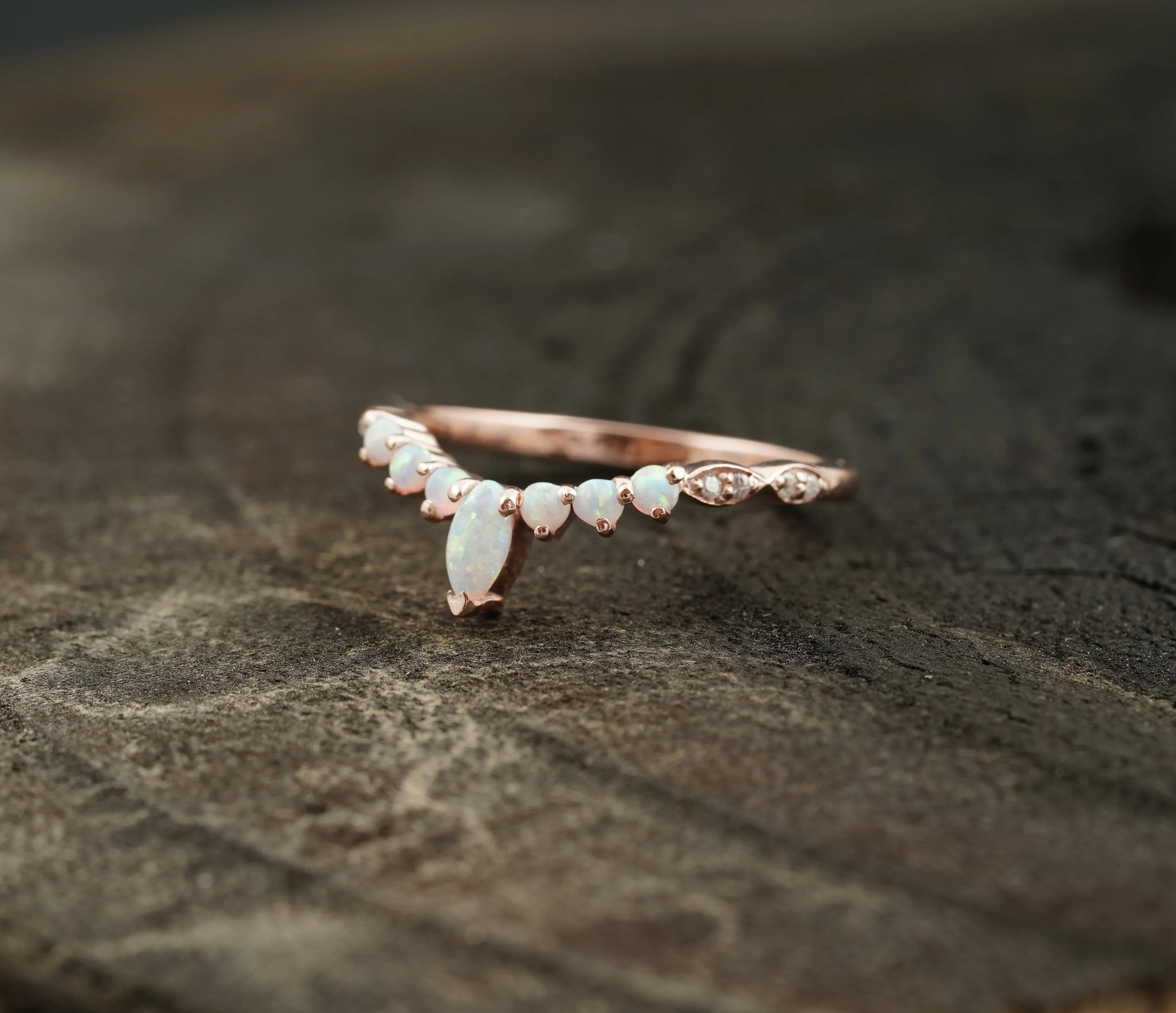 Marquise Opal Curved Wedding Band, October Birthstone, 14k Rose Gold Ring - MinimalistJewels