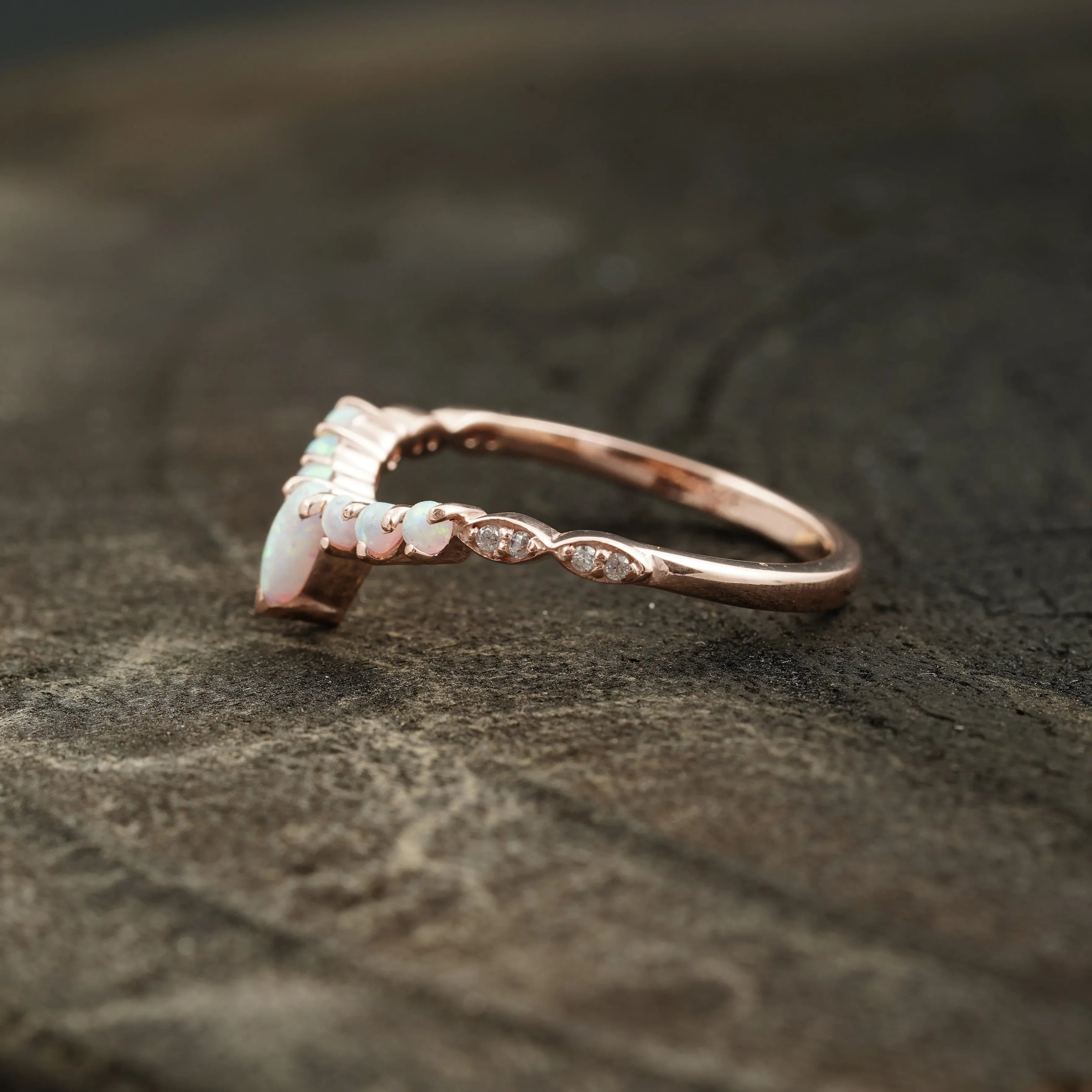 Marquise Opal Curved Wedding Band, October Birthstone, 14k Rose Gold Ring - MinimalistJewels