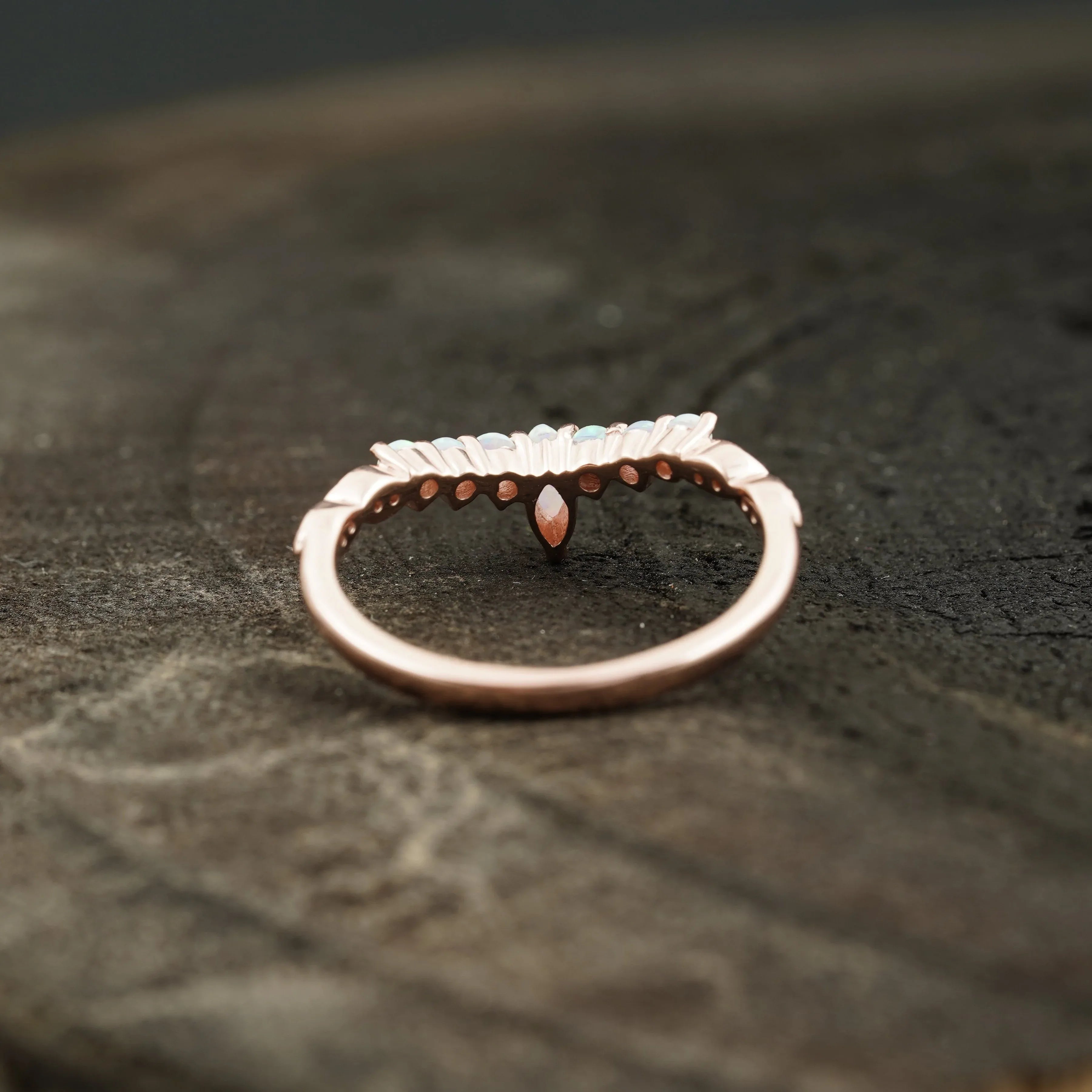 Marquise Opal Curved Wedding Band, October Birthstone, 14k Rose Gold Ring - MinimalistJewels