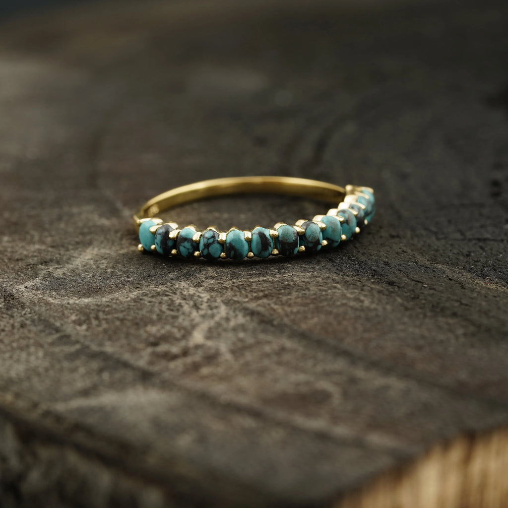 Dainty Stacking Turquoise Wedding Band, Half Eternity Band, 925 Sterling Silver - MinimalistJewels