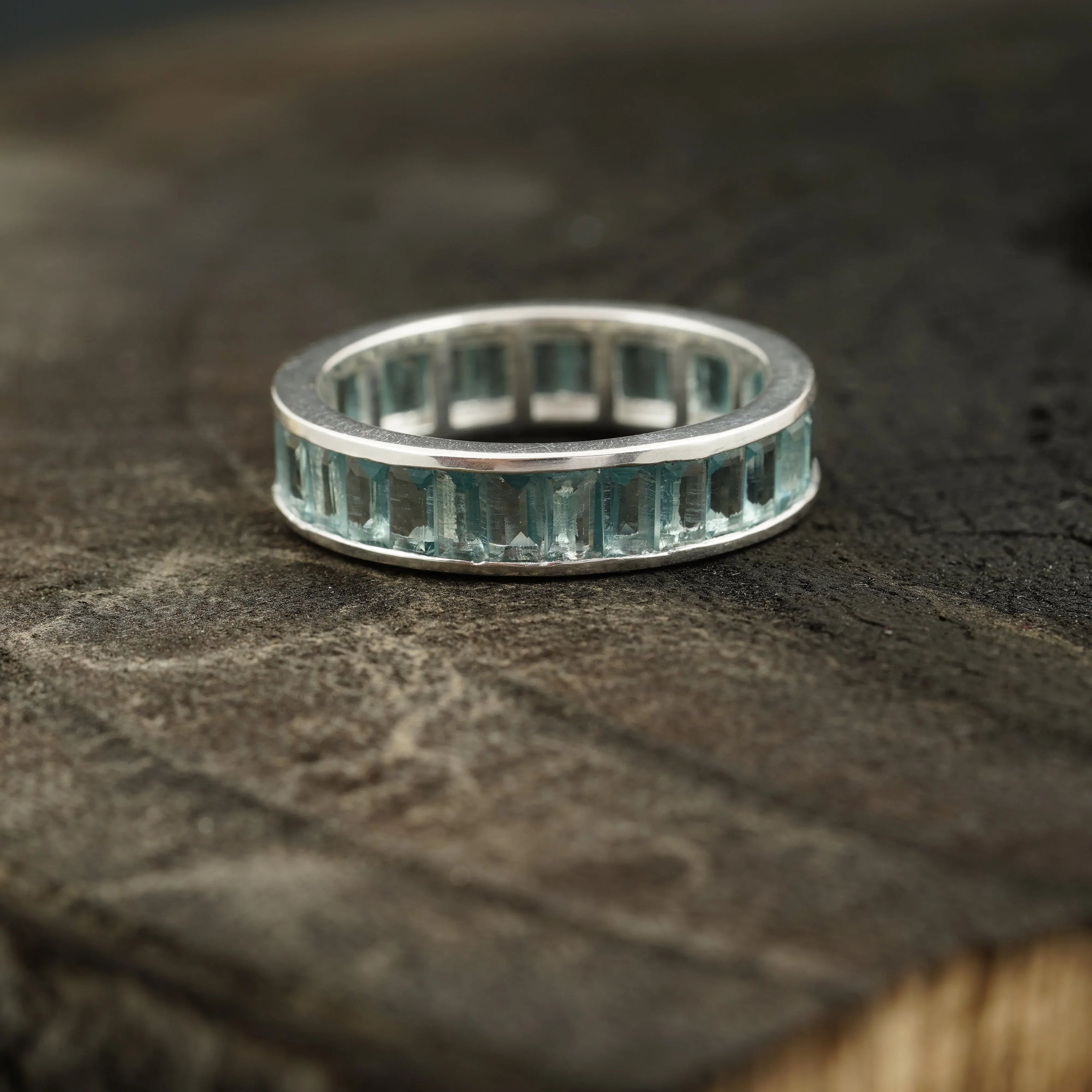 Baguette Cut Topaz Wedding Ring Gemstone Channel Set Birthstone Wedding Band - MinimalistJewels