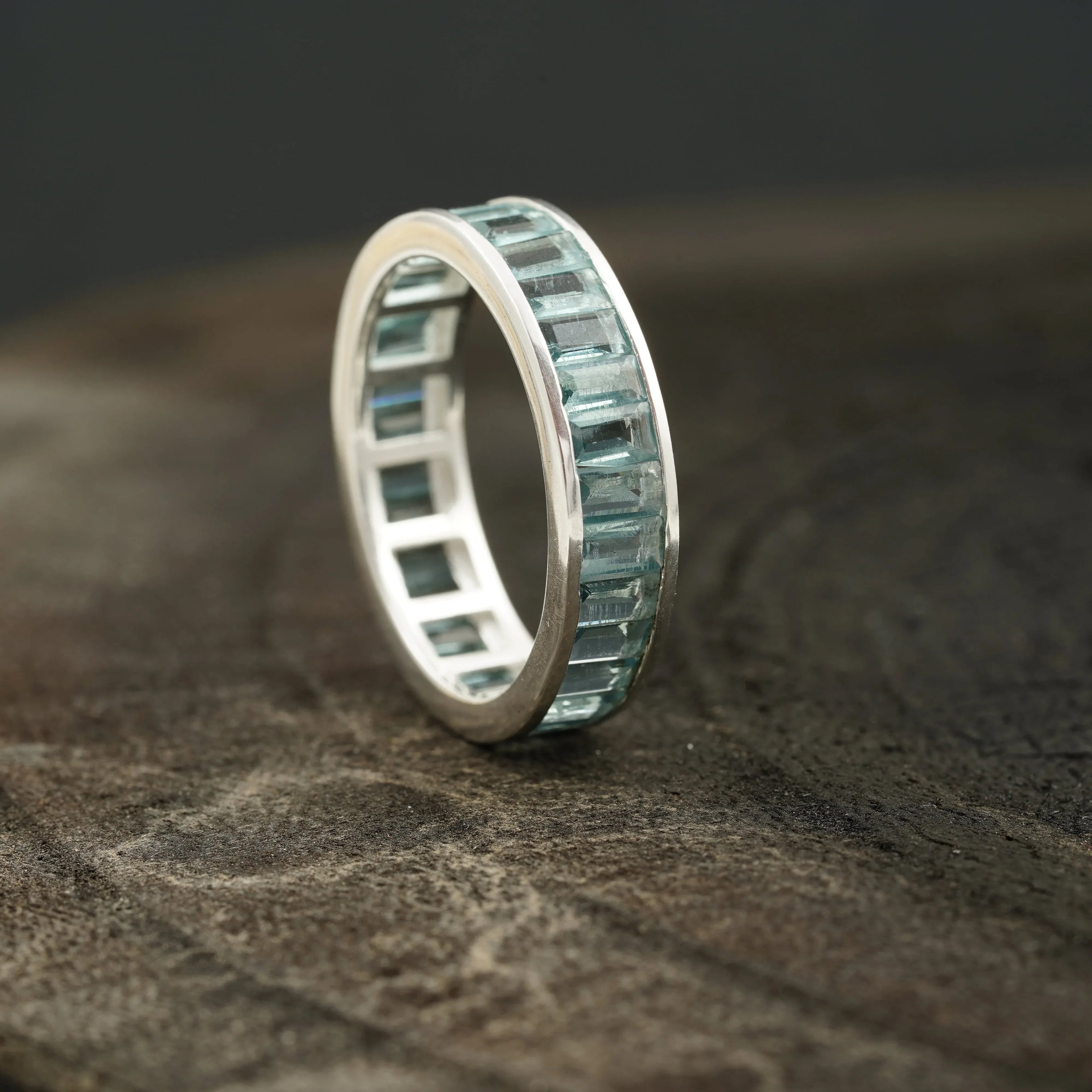 Baguette Cut Topaz Wedding Ring Gemstone Channel Set Birthstone Wedding Band - MinimalistJewels