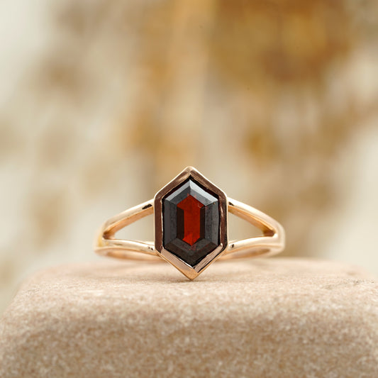Hexagon Cut Red Garnet Gemstone Bezel Set Stacking Ring For Women