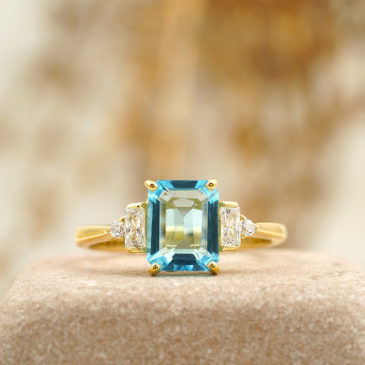 Aquamarine Gemstone Engagement Ring Emerald Cut Ring For Women