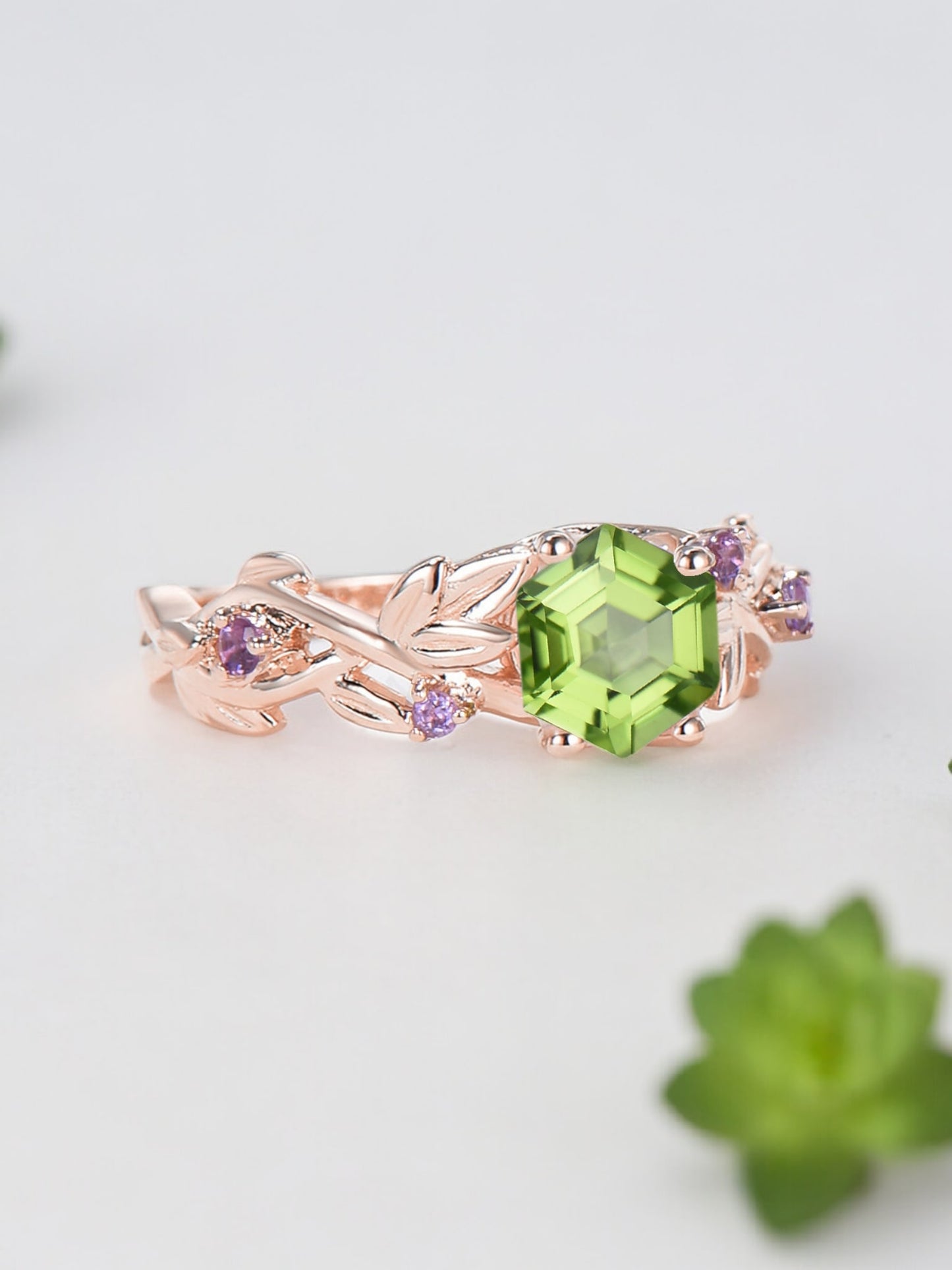 Hexagon Peridot Twig Vine Leaf Ring Right Angle