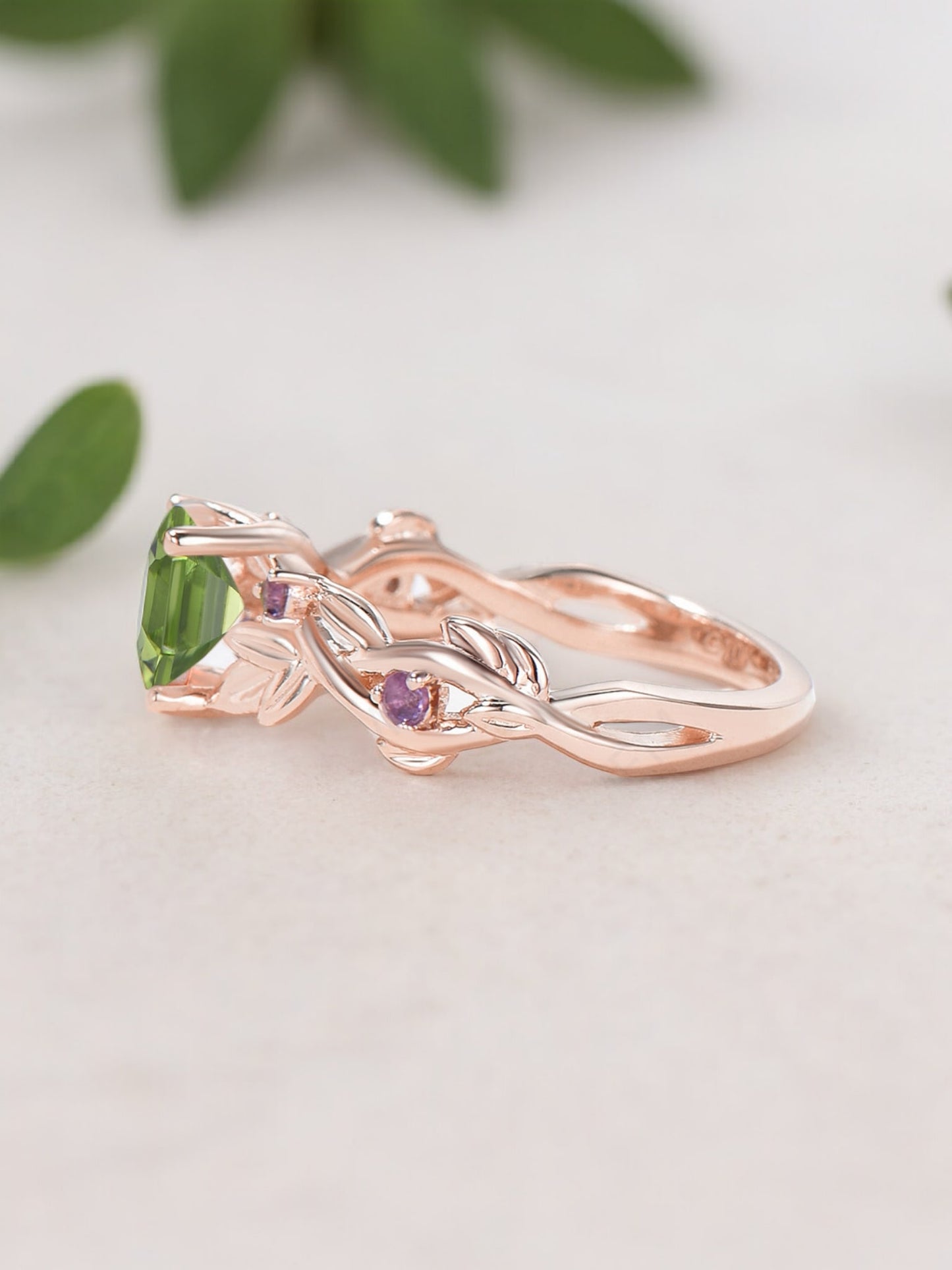 Hexagon Peridot Twig Vine Leaf Ring Side Position