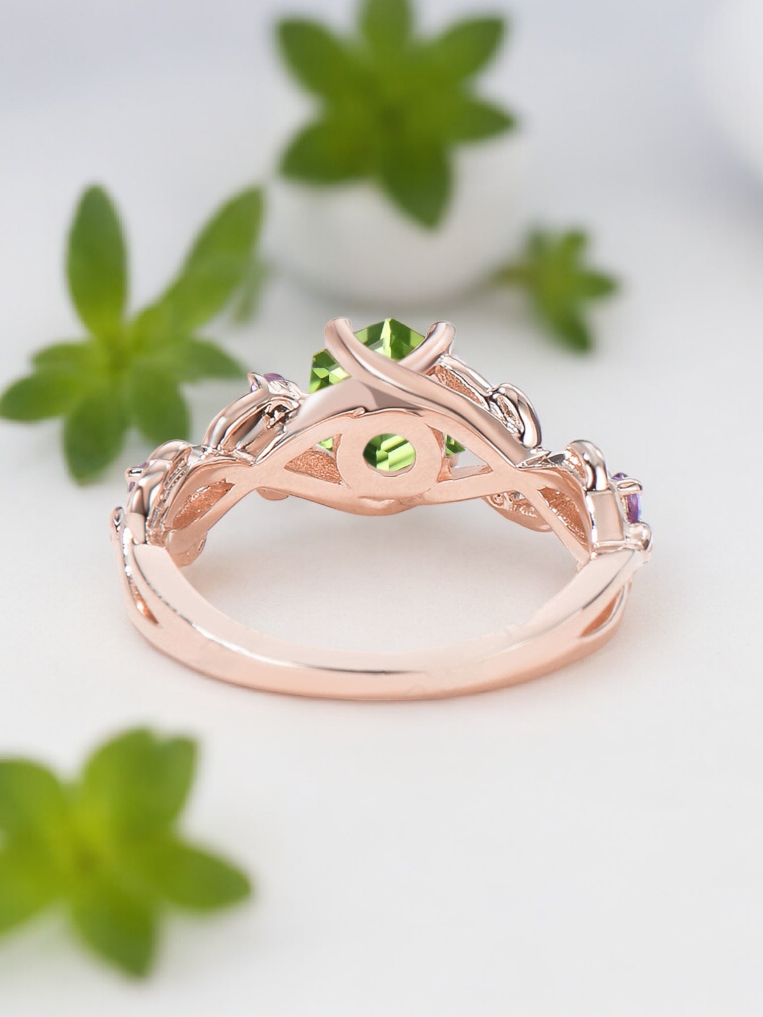 Hexagon Peridot Twig Vine Leaf Ring Back Position