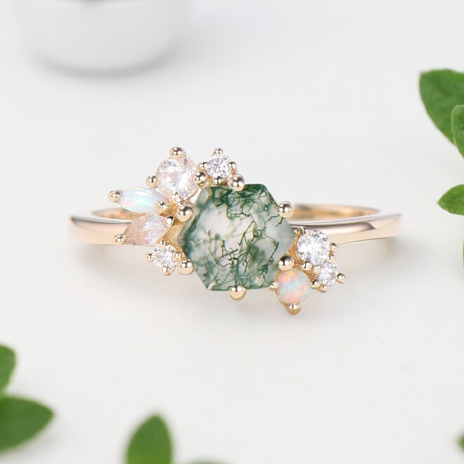 Green Moss Agate Hexagon Opal Stacking Ring