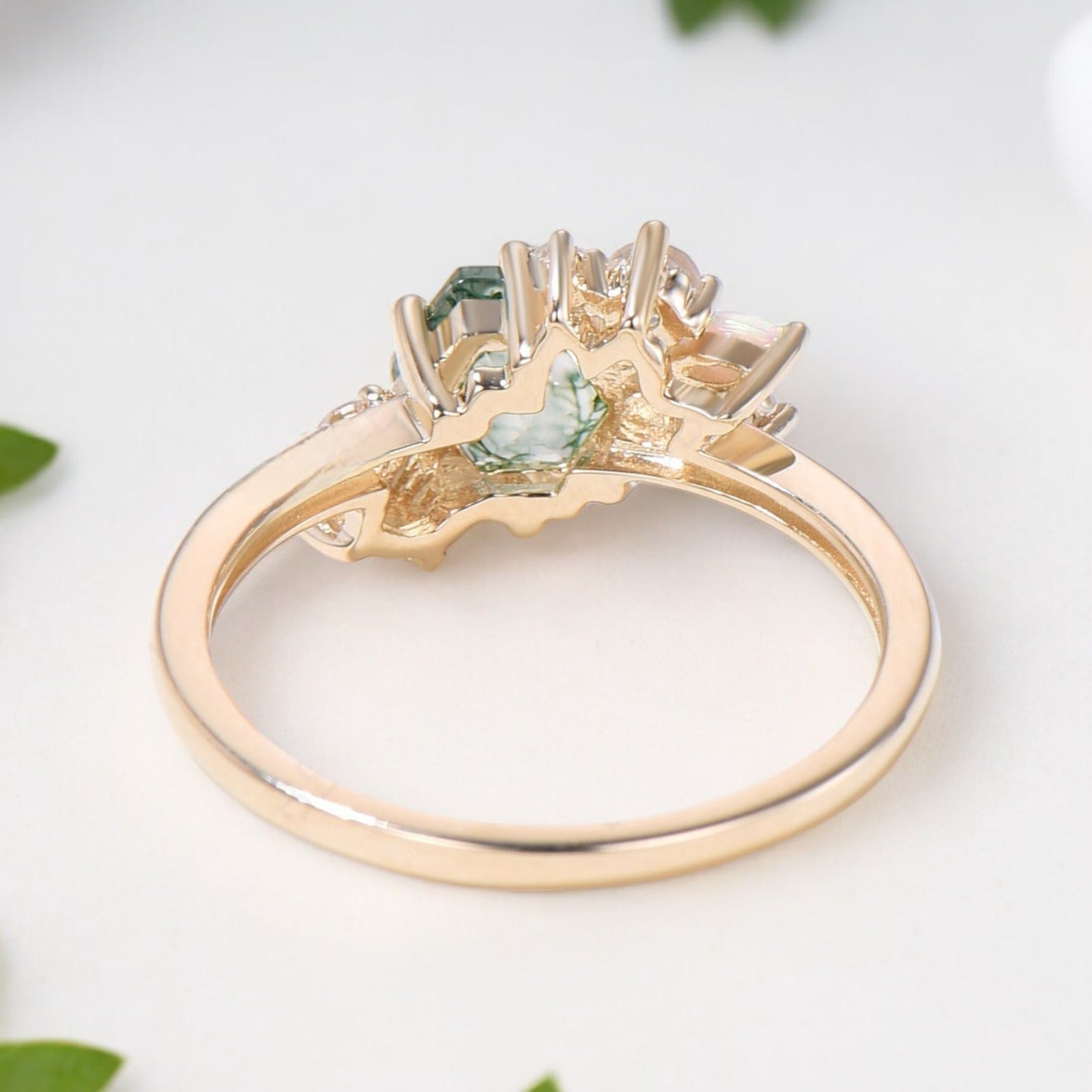 Green Moss Agate Hexagon Opal Stacking Ring Back Side