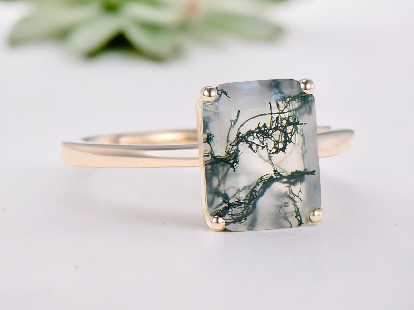 Emerald Cut Moss Agate Solitaire Engagement Ring For Women