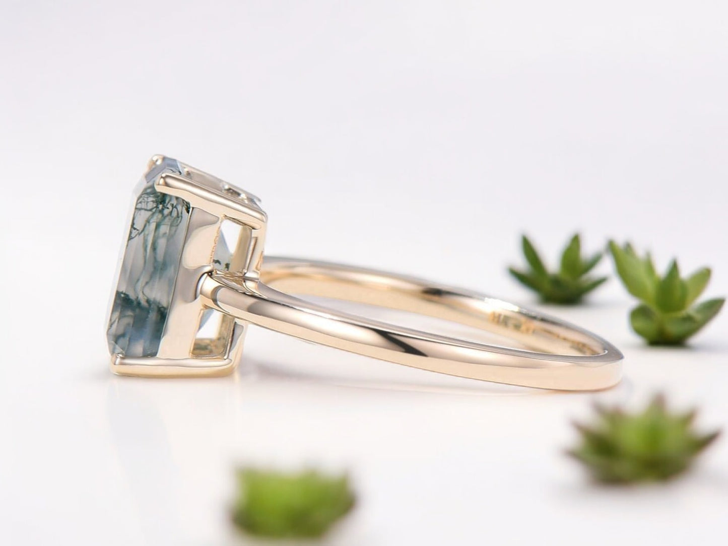 Emerald Cut Moss Agate Solitaire Engagement Ring For Women