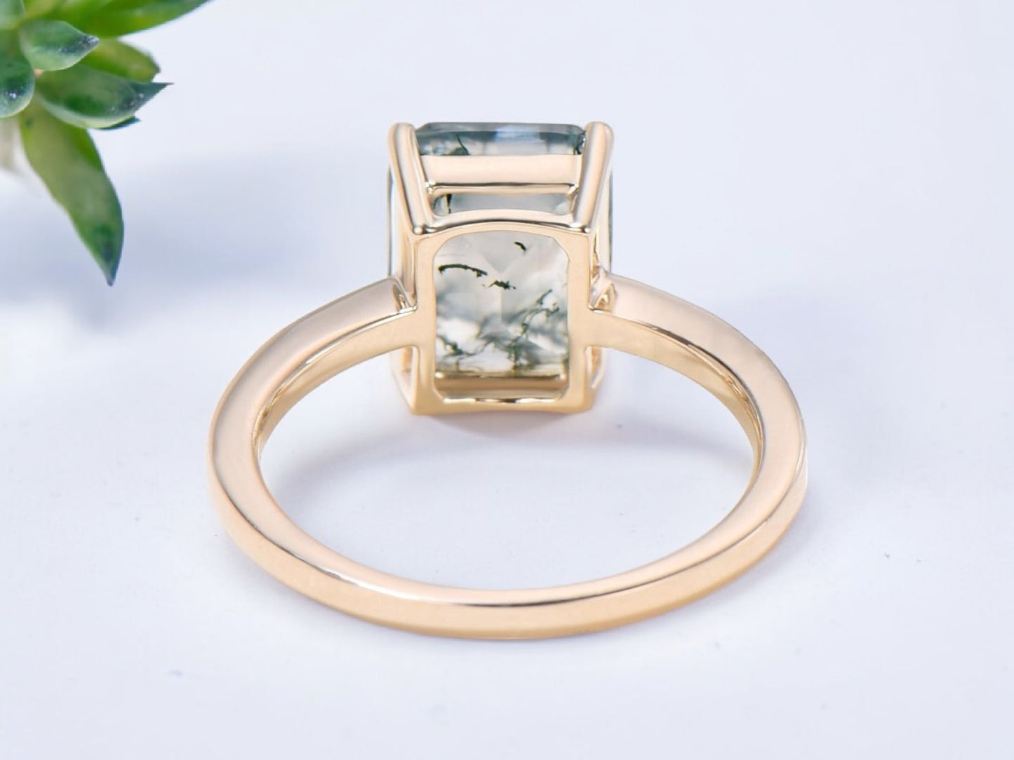 Emerald Cut Moss Agate Solitaire Engagement Ring For Women