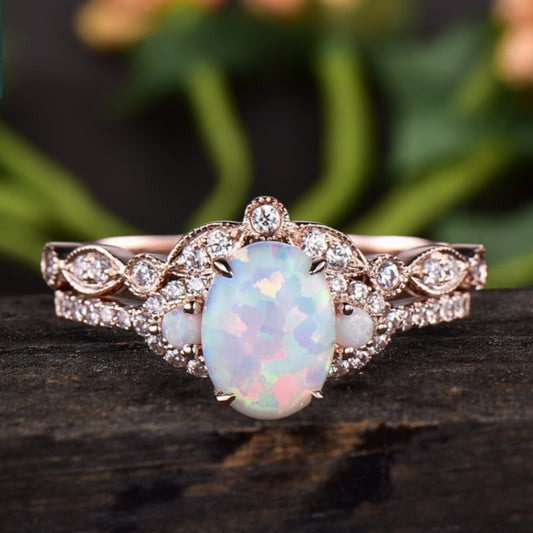 White Opal Engagement Ring Set